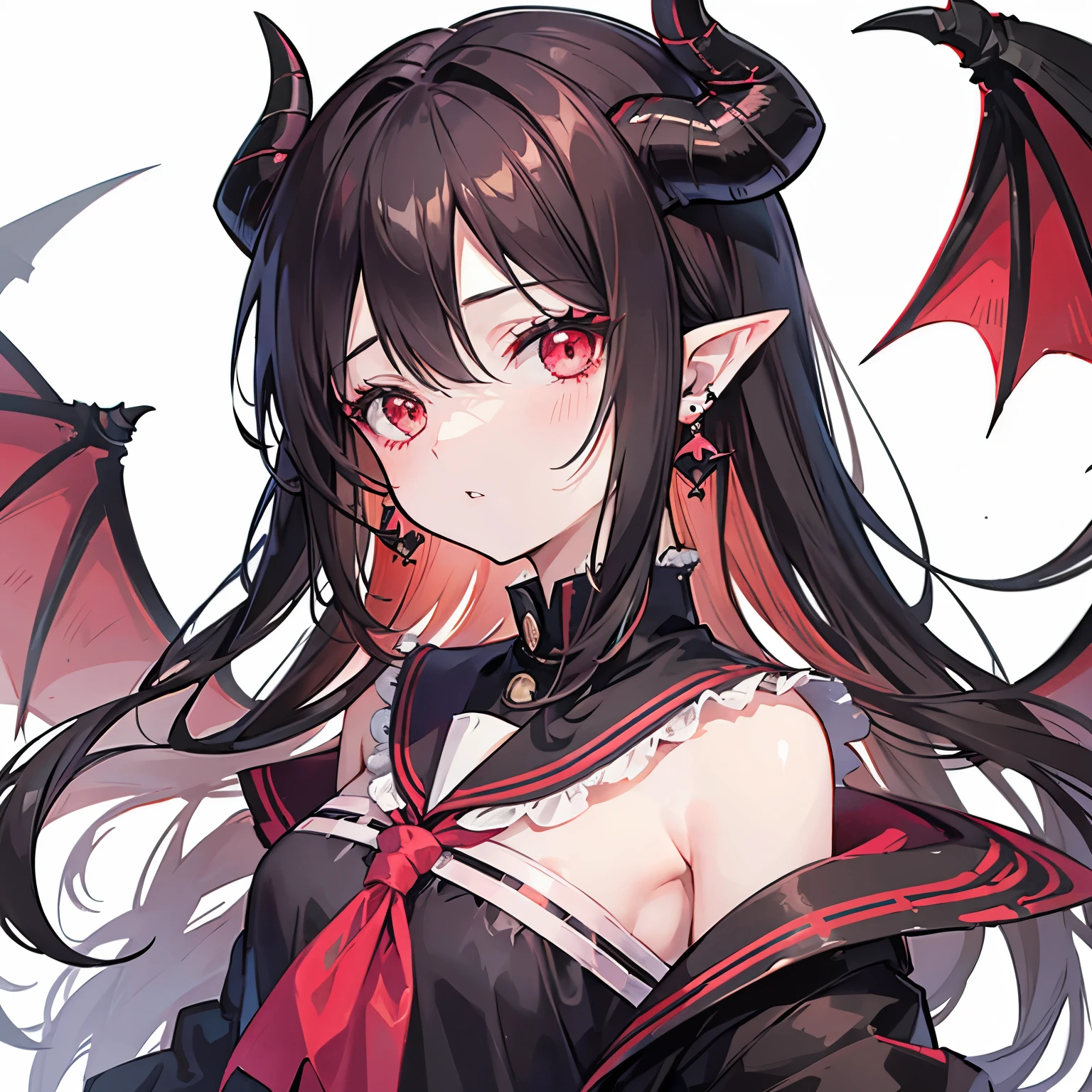 1girl, 1boy, horns, , pointy ears, wings, earrings, serafuku, jewelry, white background, upper body, red eyes, demon wings, demon horns, demon boy, simple background, back-to-back, pink eyes, parted lips, black serafuku, brown hair, demon girl, black hair, looking at viewer, long hair, gakuran