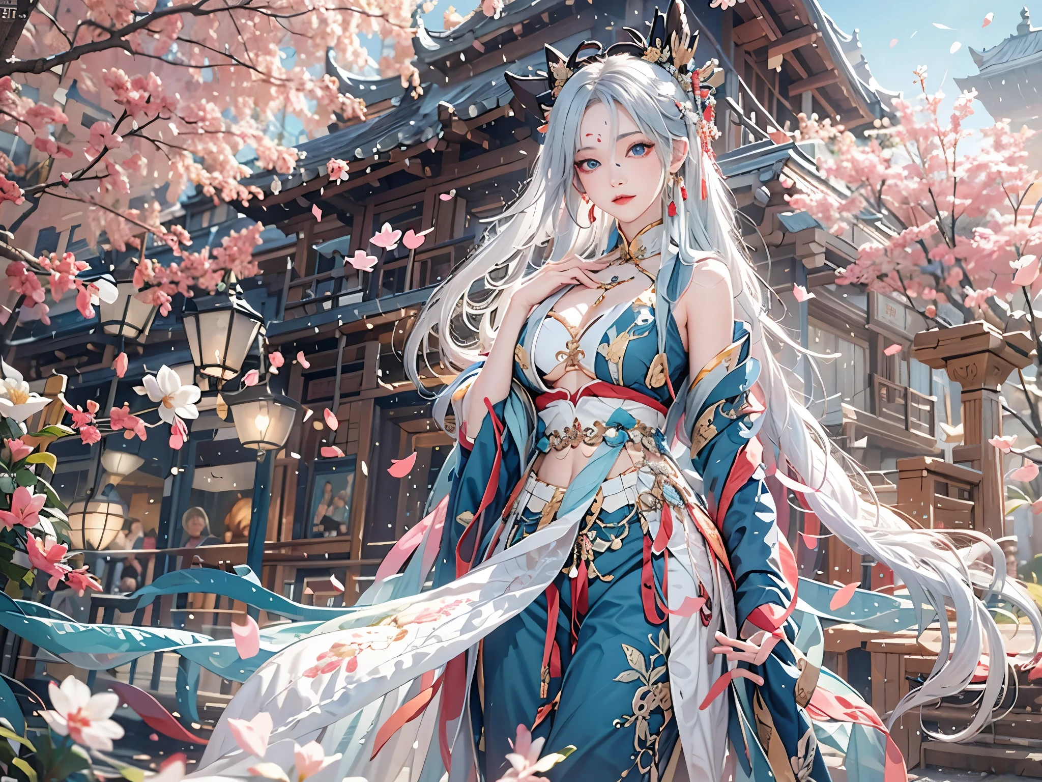 Reality, high resolution, Soft lighting, 1 female, Solitary, Hip lift, blue eyes, white hair, long hair, Hanfu, Hip lift, Jewelry, Tattoo, Cherry blossoms, Huge breasts