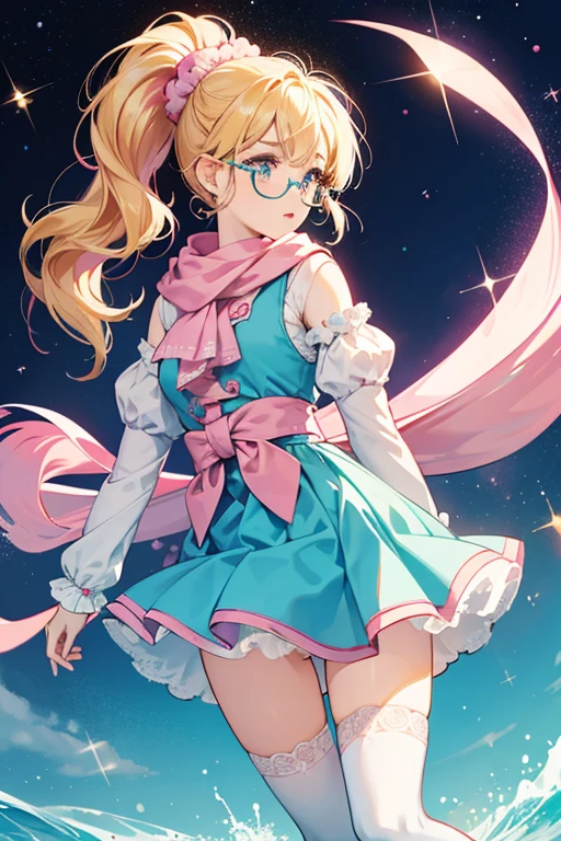 Kiramamatchi has cream-colored skin, pink cheeks, and oval-shaped with circular and star reflections. In the anime, she also has turquoise irises. She has blonde hair which she keeps in a ponytail with a light red scrunchie that has a pink star on it. She wears a blue vest with a white scarf, a light blue wavy skirt, purple stockings, and red half-rim glasses. SPARKLE; GLITTER