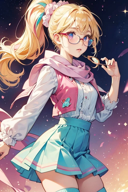 Kiramamatchi has cream-colored skin, pink cheeks, and oval-shaped with circular and star reflections. In the anime, she also has turquoise irises. She has blonde hair which she keeps in a ponytail with a light red scrunchie that has a pink star on it. She wears a blue vest with a white scarf, a light blue wavy skirt, purple stockings, and red half-rim glasses. SPARKLE; GLITTER