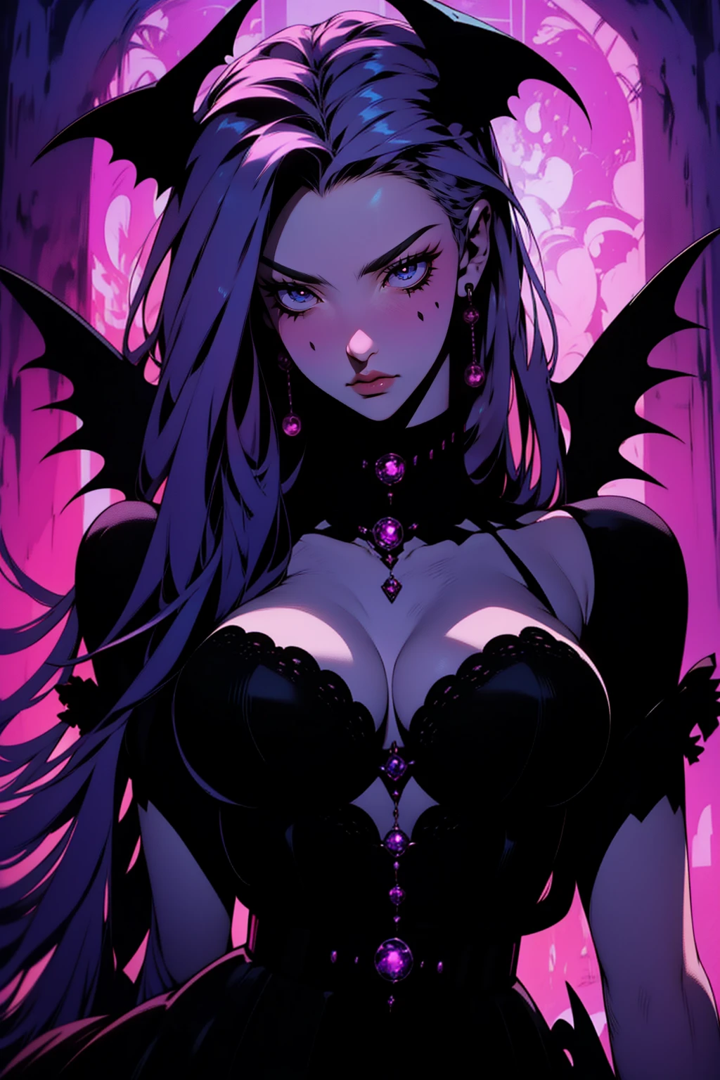 {-erro_de_anatomia:1.0} (best quality,4k,8k,highres,masterpiece:1.2) (masterpiece, top quality, best quality, official art, beautiful and aesthetic: 1.2), (1 woman: 1.3) Succubus girl, long black , magenta eyes, (crystal eyes) succubus wings, magenta pant, magenta gloves,  attractive, moonlight, dinamic poses,  perfect hands (perfect fingers), angry face, dinamicc poses