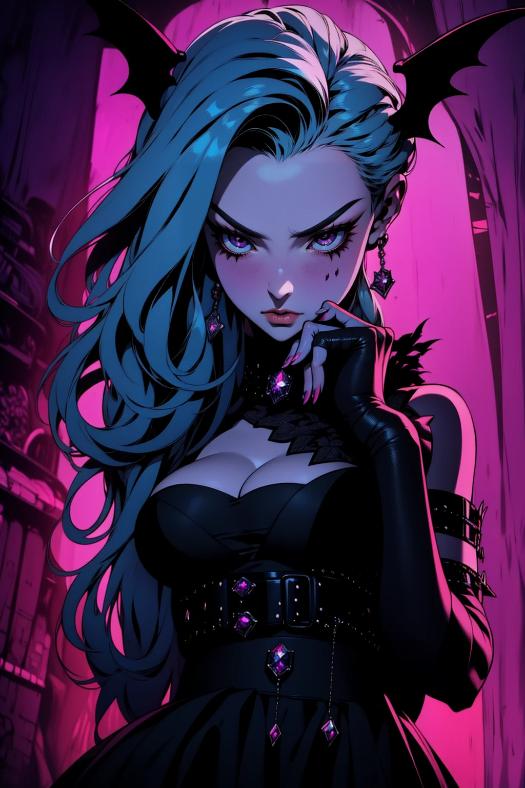 {-erro_de_anatomia:1.0} (best quality,4k,8k,highres,masterpiece:1.2) (masterpiece, top quality, best quality, official art, beautiful and aesthetic: 1.2), (1 woman: 1.3) Succubus girl, long black , magenta eyes, (crystal eyes) succubus wings, magenta pant, magenta gloves,  attractive, moonlight, dinamic poses,  perfect hands (perfect fingers), angry face, dinamicc poses