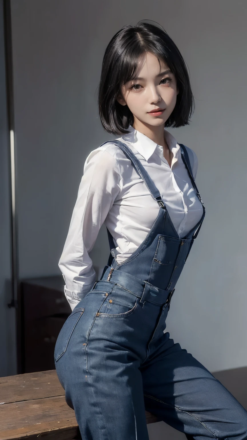((Face the front of your body at the camera:2.0)), ((Collared shirt:2.0, suspenders:2.0, pants:1.8)), (Clothing:2.0, Skinny jeans:2.0, suspenders under Collared shirt:2.0, A bow tie:1.2, sneakers:1.5), ((In town:1.5)), ((A grin:1.2, Small breasts:1.5, slender:1.5, Small Ass:1.5)), ((Japanese, 1 Girl, 18-year-old, 7 heads, Ideal body proportions, Black Hair, With bangs, Small breasts, Erect nipples, slender, Small Ass, Beautiful feet, Skinny Legs)), Surrealism, Cinematic Lighting, Depth of written boundary, First Person View, Boobs F/1.8, 135mm, Ticker, Mastepiece, Curate, ((Anatomically correct:1.3)), Textured skin, Super Detail, High detail, High quality, Awards, Best Quality, High resolution, 8K