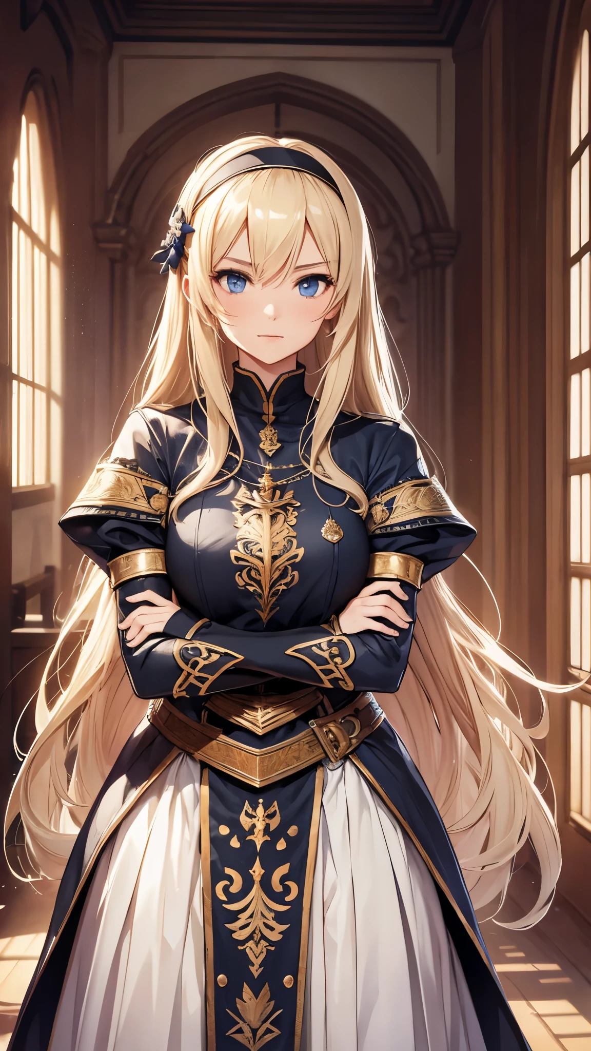 Inside the castle,inside the room,1 30-year-old female、Blonde long hair、Knight Commander、casual dress,hairband、crossed arms,(sword、Claymore Great Sword),