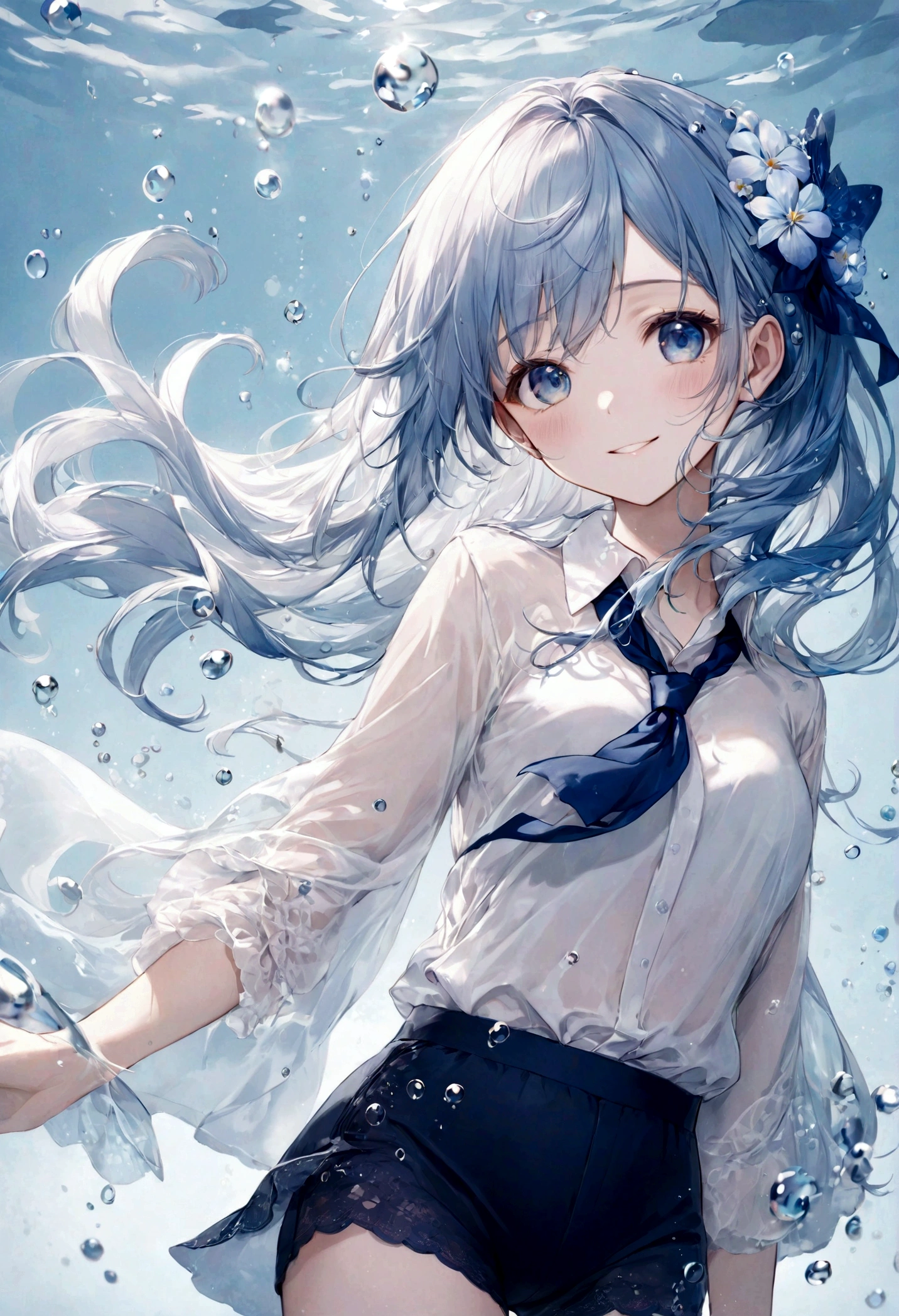 (top-quality)), ((masterpiece)), ((ultra-detailliert)), (extremely delicate and beautiful), bright sky blue hair, watery hair, bright sapphire eyes, fair skin, beautiful woman, sheer white shirt, sheer silky navy blue shorts, navy blue ribbon tie, pearl decorations, underwater world, cold background, air bubbles, water bubbles, underwater, sweet smile, relaxed expression, delicate wavy long hair, blue and white flowers on hair