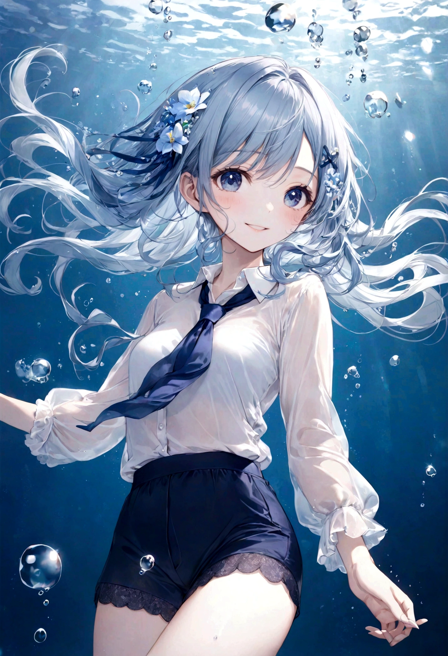 (top-quality)), ((​masterpiece)), ((ultra-detailliert)), (extremely delicate and beautiful), bright sky blue hair, watery hair, bright sapphire eyes, fair skin, beautiful woman, sheer white shirt, sheer silky navy blue shorts, navy blue ribbon tie, pearl decorations, underwater world, cold background, air bubbles, water bubbles, underwater, sweet smile, relaxed expression, delicate wavy long hair, blue and white flowers on hair