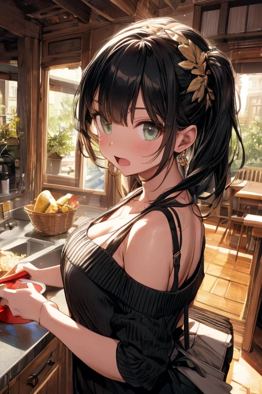 (small breasts:1.3), (perky chest:1.1), (pointed chest:1.0), (fashion magazine cover:1.3),(from below:1.0),(from side:0.9),masterpiece, 1girl, Amazing Cleavage:1.1, thin waist, big ass, Raised sexy, small breast: 1.3, posed cleavage:1.2、solo, looking at viewer, open mouth, have a cute grass of cute beergrass,black hair, dark green eyes, dress, bare shoulders, jewelry, collarbone, sidelocks, hairband, earrings, indoors, off shoulder, :o, sweater, arms behind back, plant, short hair with long locks, gild hairband, off-shoulder dress, sweater dress, off-shoulder sweater, red sweater, dark gord hair, big side hair, very long side hair,is rendered in (masterpiece: 1.2, best quality), with (ultra high resolution) and an exquisite (depth of field). This masterpiece is not only visually stunning but also tells,A scene of cooking in the kitchen by classroom