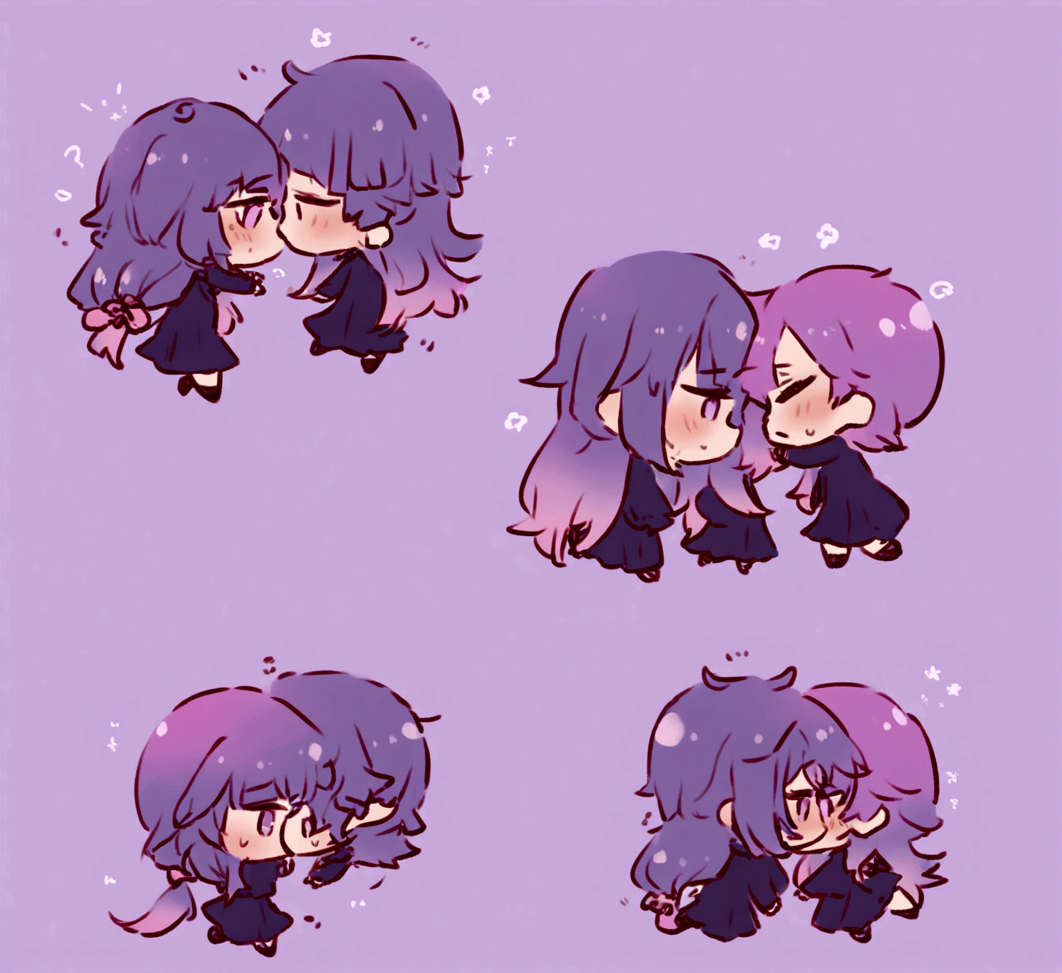 Chibi Cryptic Girl Character Design: Purple White Gradient Long Hair, Indifferent, Kind with her chibi boyfriend, couple