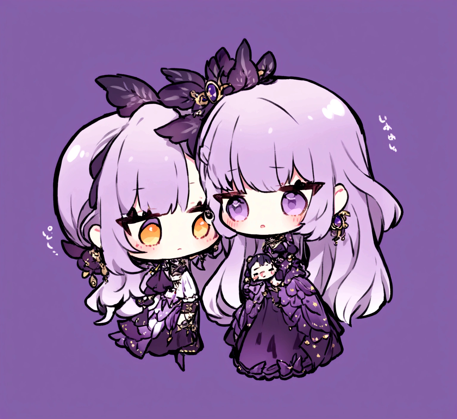 Chibi Cryptic Girl Character Design: Purple White Gradient Long Hair, Indifferent, Kind with her chibi boyfriend, couple