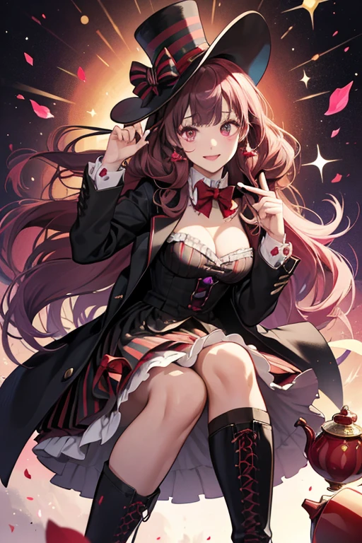 Kirari Hatter wears a dark purple coat with a big red bow along with black boots. She has red heart and black spade hair accessories with a purple top hat in her artwork. A heart red and black spade also adorn her face. She carries around a white tea pot striped with red and black colors. SPARKLE; GLITTER