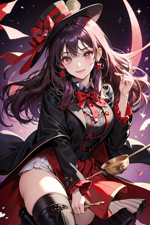Kirari Hatter wears a dark purple coat with a big red bow along with black boots. She has red heart and black spade hair accessories with a purple top hat in her artwork. A heart red and black spade also adorn her face. She carries around a white tea pot striped with red and black colors. SPARKLE; GLITTER