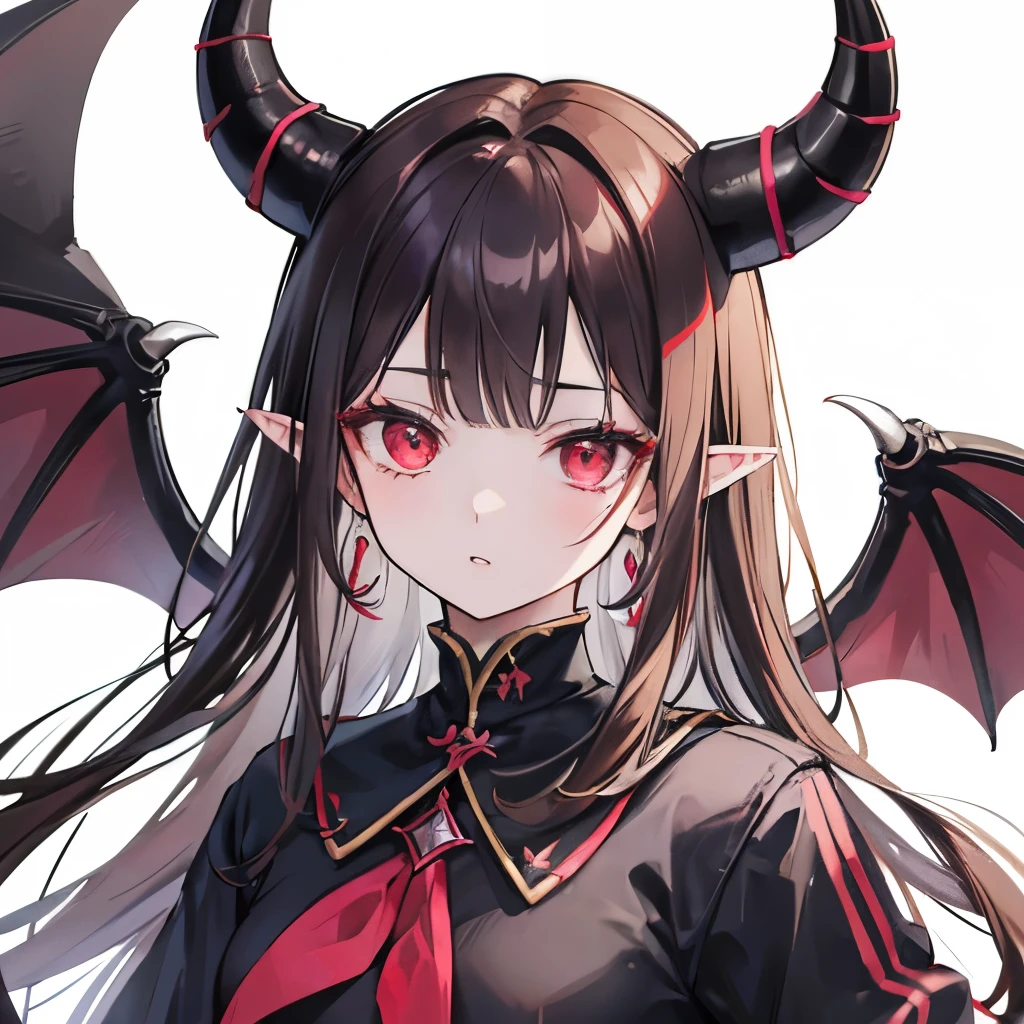 1girl, 1boy, horns, , pointy ears, wings, earrings, serafuku, jewelry, white background, upper body, red eyes, demon wings, demon horns, demon boy, simple background, back-to-back, pink eyes, parted lips, black serafuku, brown hair, demon girl, black hair, looking at viewer, long hair, gakuran