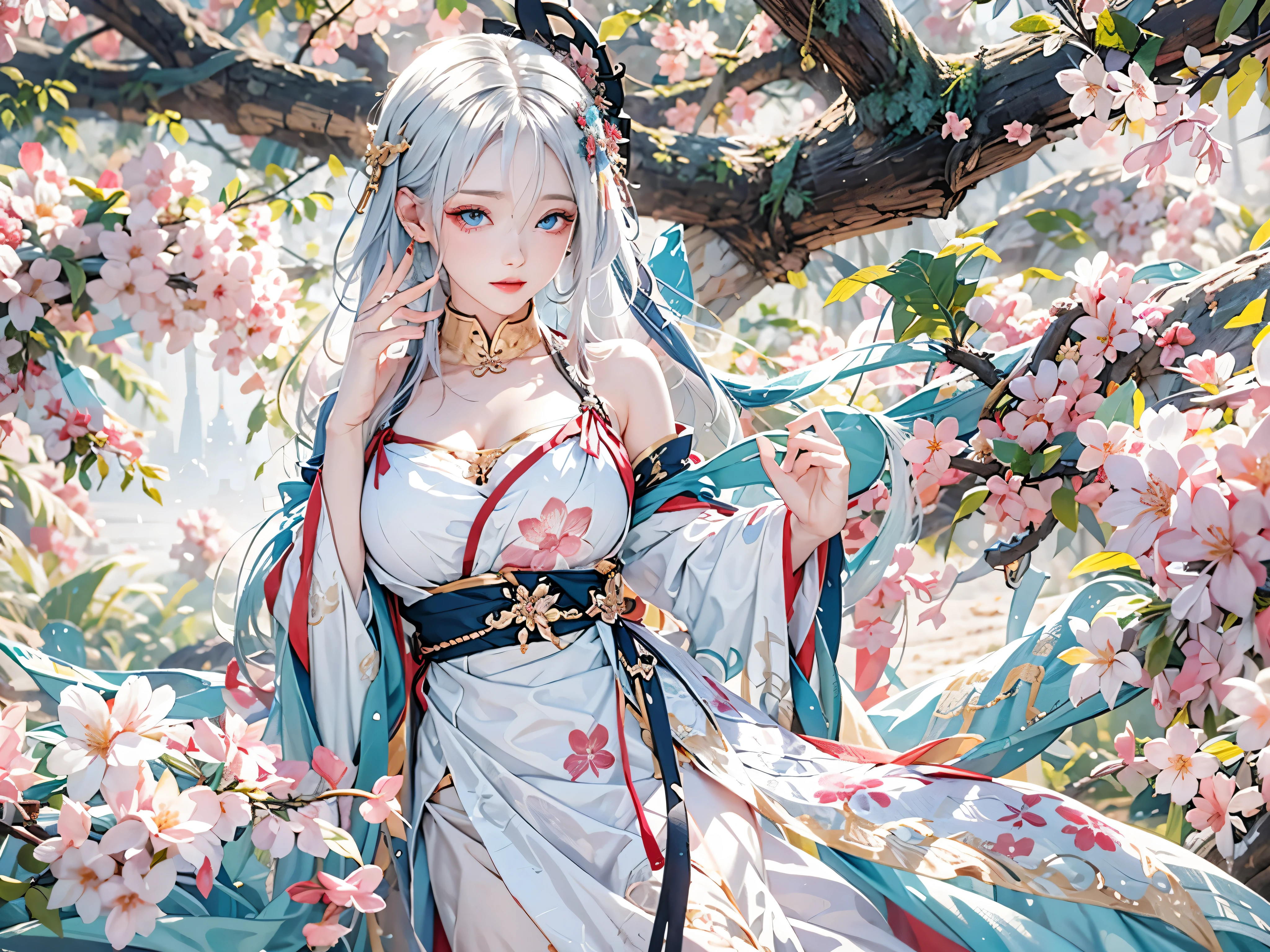 Reality, high resolution, Soft lighting, 1 female, Solitary, Hip lift, blue eyes, white hair, long hair, Hanfu, Hip lift, Jewelry, Tattoo, Cherry blossoms, Huge breasts
