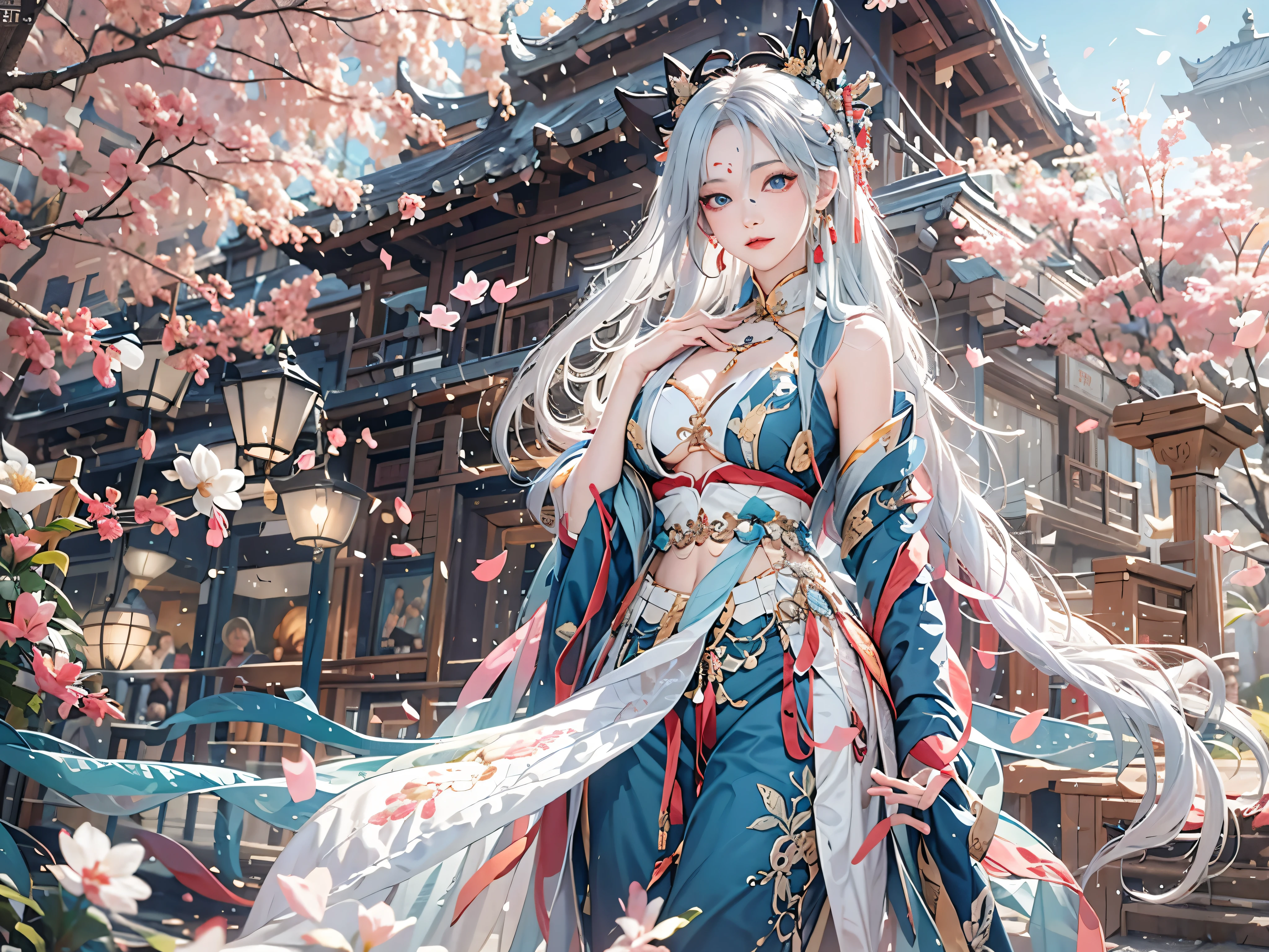 Reality, high resolution, Soft lighting, 1 female, Solitary, Hip lift, blue eyes, white hair, long hair, Hanfu, Hip lift, Jewelry, Tattoo, Cherry blossoms, Huge breasts