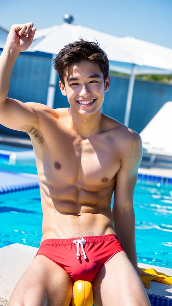 male Age 22 swimwear lifeguard smile