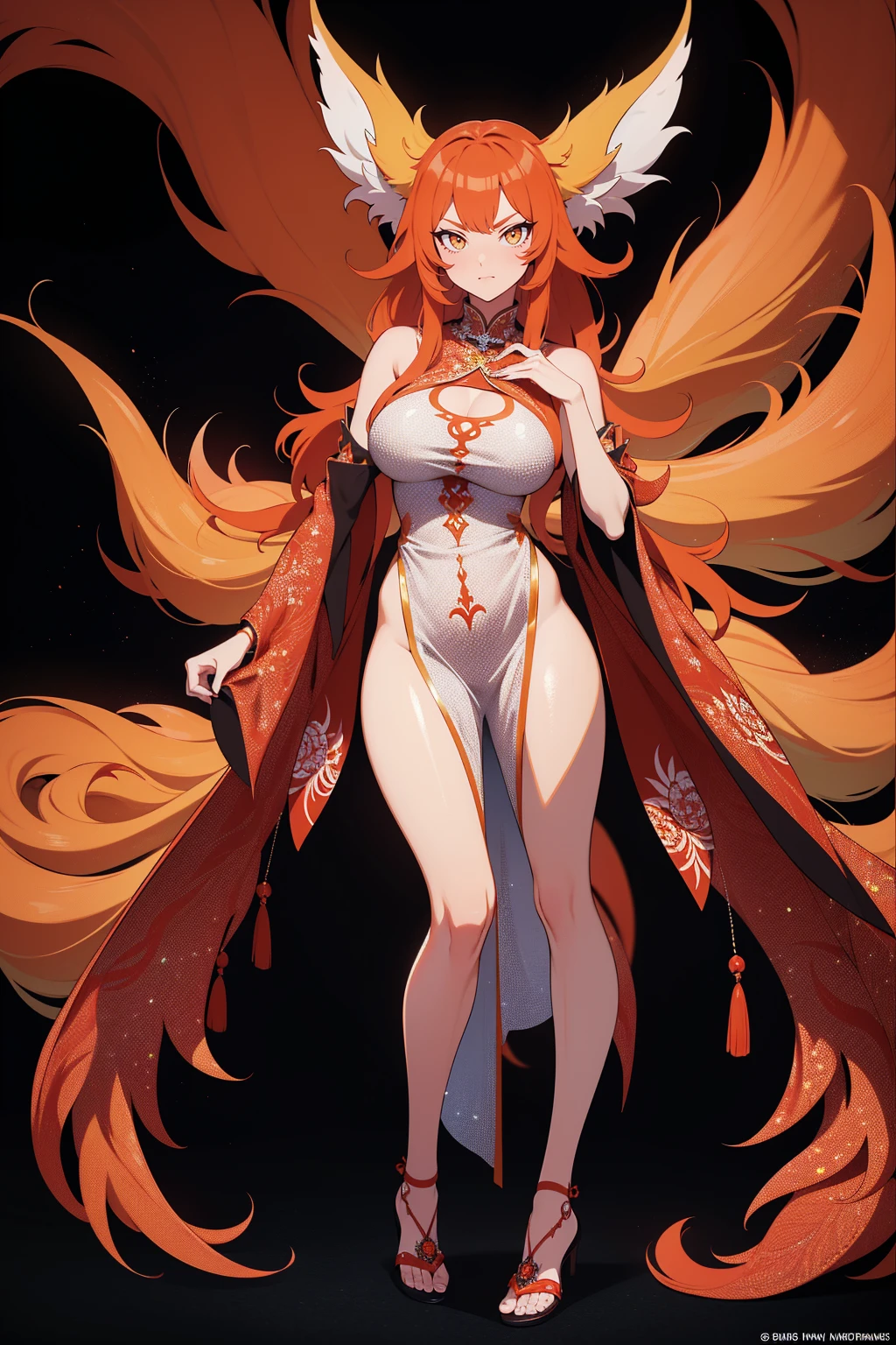 REALISTIC VISION 1.4, BETTER VAE,sharp focus, ultra detail, 32k,realistic photo, intricate details, kitsune, orange hair, oranfe eyes, intricate details ,woman, nine tails, intricate details,intricate details,big , Voluptuous body, intricate details, Miko, clothes long white dress with red details intricate details, tattoos intricate details, full body, with a orange nine tails fox , kiuubi (kurama, naruto), angry face,