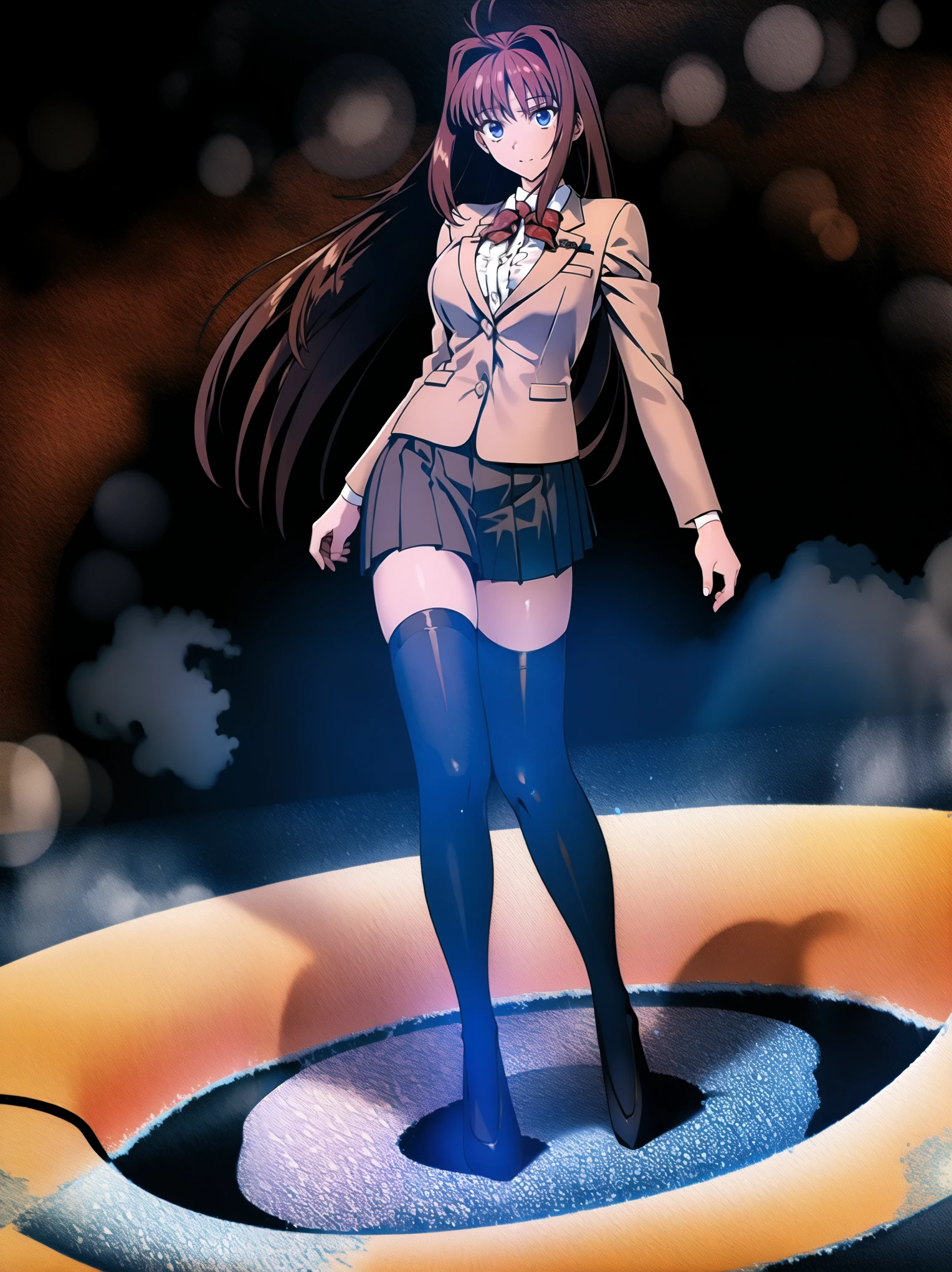 BREAK, centered. BREAK, (COMPLETELY WHITE BACKGROUND), BREAK (masterpiece:1), best quality, high resolution, 8k, illustration, (beautiful detailed eyes:1.5), extremely detailed face, extremely detailed body, CG, perfect hands, perfect anatomy, (((1girl))), ((solo)), (((bbaoko))), ((2 legs max)), ((2 feet max:1.6)), ((swirling vortex shaped longest brown hair:1.5)), (brown longest hair with slightly reddish undertone:1.6), (lush luscious longest brown hair:1.6), (very long voluminous longest brown hair:1.5), serious, blue eyes, red bowtie, (Form-fitting beige blazer:1.5), brown jacket, (highly detailed beautiful face:1.2), (white shirt:1), (well shaped large breasts:1.6), (nice hips:1), (((Umber pleated thigh-high skirt:1.6))), (((black bike shorts:1.4))), (toned thighs:1.6), (jetblack thighhighs:1.6), (strap shoes brown color), (facing front:1.5), ((standing straight:1.5)), ((Fullbody in frame:1.6)), ((Full body:1.5)), ((takeuchi takashi:1.3))