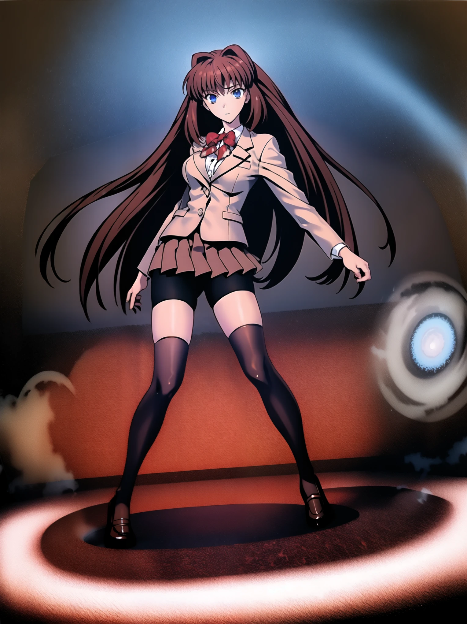 BREAK, centered. BREAK, (COMPLETELY WHITE BACKGROUND), BREAK (masterpiece:1), best quality, high resolution, 8k, illustration, (beautiful detailed eyes:1.5), extremely detailed face, extremely detailed body, CG, perfect hands, perfect anatomy, (((1girl))), ((solo)), (((bbaoko))), ((2 legs max)), ((2 feet max:1.6)), ((swirling vortex shaped longest brown hair:1.5)), (brown longest hair with slightly reddish undertone:1.6), (lush luscious longest brown hair:1.6), (very long voluminous longest brown hair:1.5), serious, blue eyes, red bowtie, (Form-fitting beige blazer:1.5), brown jacket, (highly detailed beautiful face:1.2), (white shirt:1), (well shaped large breasts:1.6), (nice hips:1), (((Umber pleated thigh-high skirt:1.6))), (((black bike shorts:1.4))), (toned thighs:1.6), (jetblack thighhighs:1.6), (strap shoes brown color), (facing front:1.5), ((standing straight:1.5)), ((Fullbody in frame:1.6)), ((Full body:1.5)), ((takeuchi takashi:1.3))