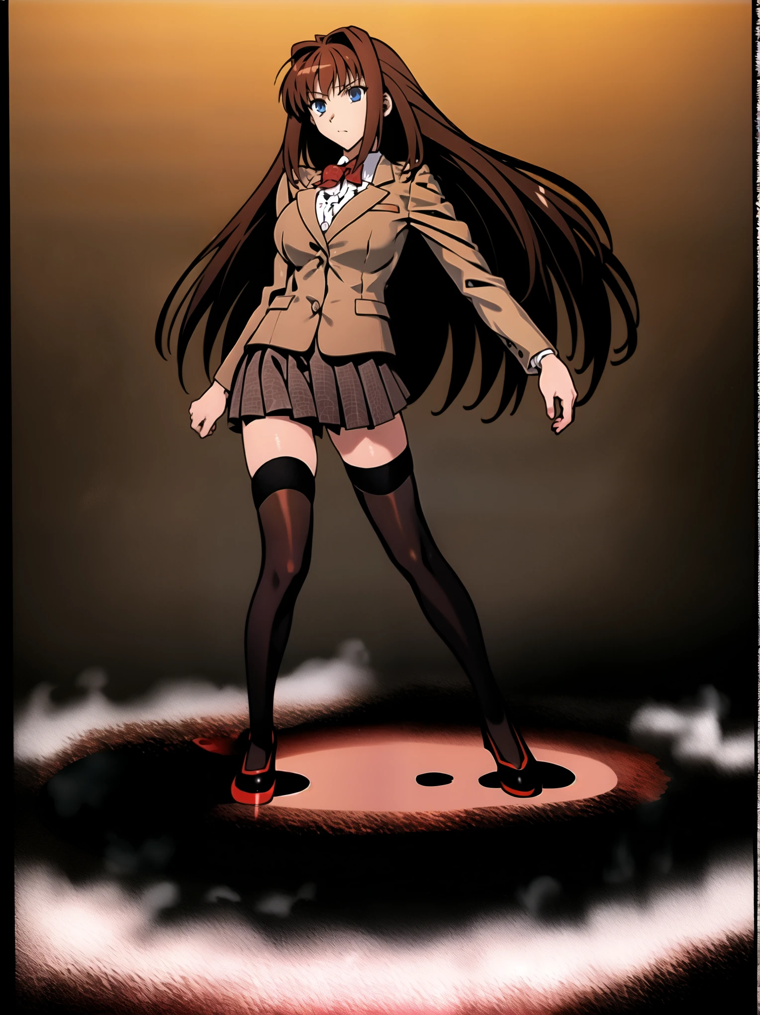 BREAK, centered. BREAK, (COMPLETELY WHITE BACKGROUND), BREAK (masterpiece:1), best quality, high resolution, 8k, illustration, (beautiful detailed eyes:1.5), extremely detailed face, extremely detailed body, CG, perfect hands, perfect anatomy, (((1girl))), ((solo)), (((bbaoko))), ((2 legs max)), ((2 feet max:1.6)), ((swirling vortex shaped longest brown hair:1.5)), (brown longest hair with slightly reddish undertone:1.6), (lush luscious longest brown hair:1.6), (very long voluminous longest brown hair:1.5), serious, blue eyes, red bowtie, (Form-fitting beige blazer:1.5), brown jacket, (highly detailed beautiful face:1.2), (white shirt:1), (well shaped large breasts:1.6), (nice hips:1), (((Umber pleated thigh-high skirt:1.6))), (((black bike shorts:1.4))), (toned thighs:1.6), (jetblack thighhighs:1.6), (strap shoes brown color), (facing front:1.5), ((standing straight:1.5)), ((Fullbody in frame:1.6)), ((Full body:1.5)), ((takeuchi takashi:1.3))
