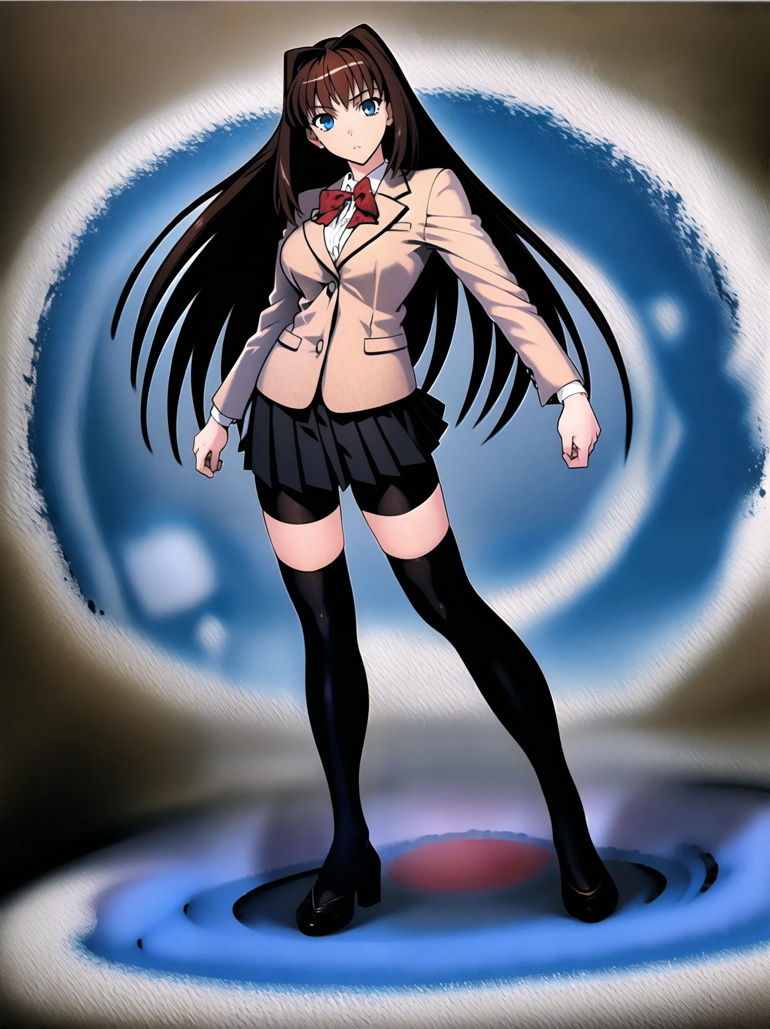 BREAK, centered. BREAK, (COMPLETELY WHITE BACKGROUND), BREAK (masterpiece:1), best quality, high resolution, 8k, illustration, (beautiful detailed eyes:1.5), extremely detailed face, extremely detailed body, CG, perfect hands, perfect anatomy, (((1girl))), ((solo)), (((bbaoko))), ((2 legs max)), ((2 feet max:1.6)), ((swirling vortex shaped longest brown hair:1.5)), (brown longest hair with slightly reddish undertone:1.6), (lush luscious longest brown hair:1.6), (very long voluminous longest brown hair:1.5), serious, blue eyes, red bowtie, (Form-fitting beige blazer:1.5), brown jacket, (highly detailed beautiful face:1.2), (white shirt:1), (well shaped large breasts:1.6), (nice hips:1), (((Umber pleated thigh-high skirt:1.6))), (((black bike shorts:1.4))), (toned thighs:1.6), (jetblack thighhighs:1.6), (strap shoes brown color), (facing front:1.5), ((standing straight:1.5)), ((Fullbody in frame:1.6)), ((Full body:1.5)), ((takeuchi takashi:1.3))