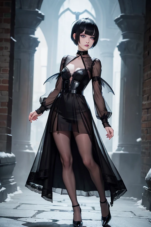 (full body:1.3),Cute 18 yo English woman with raven black hair, (short:1.1),(pale:1.4), ice blue eyes,(small breasts:1.2),((pixie cut)), Goth. Smoky eye, mascara, black lipstick, choker, long sleeves, black sheer lace gown, (black pantyhose), Mary Janes with straps.