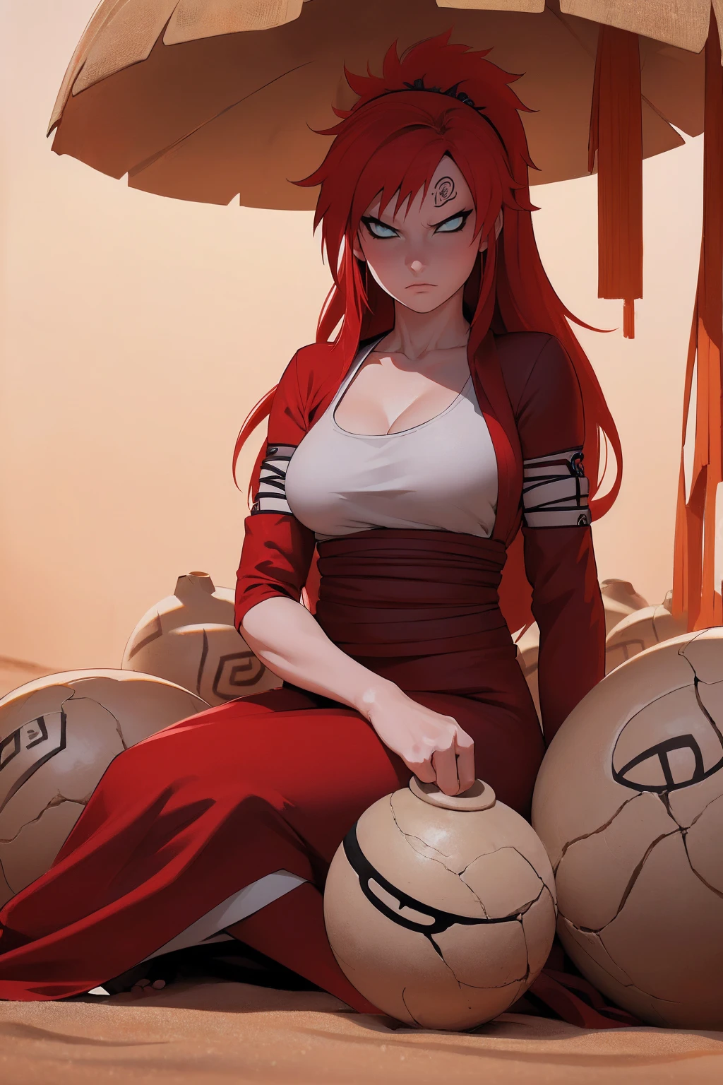 (Absurd, high quality, ultra -compared, careful with the hand) 1 woman, large breats, long red hair, gaara daughter ( Gaara/Naruto), Subaku no Gaara, sand gourd on the back, sitting on the ground, sexy, angry face