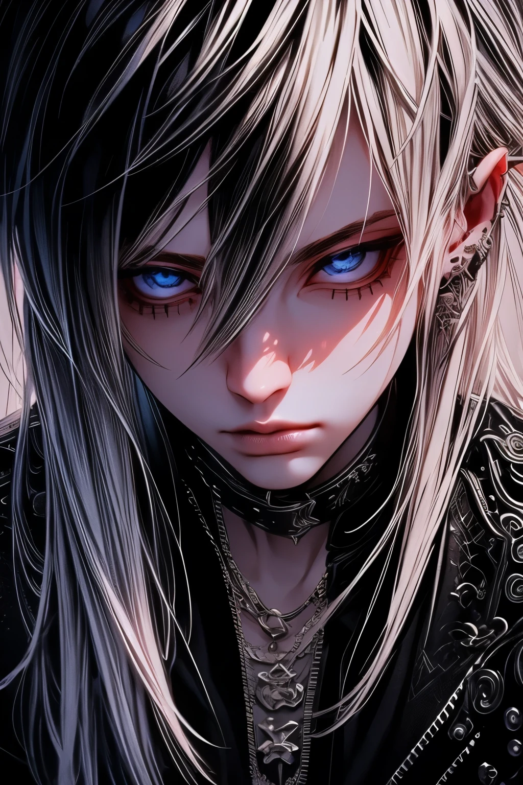 a young cute boy, emo style long white hair, sexy pose, highly detailed modern and luxurious environment, final fantasy style, 8k, photorealistic, intricate details, dramatic lighting, vibrant colors, cinematic composition, volumetric lighting, photographic realism, high quality