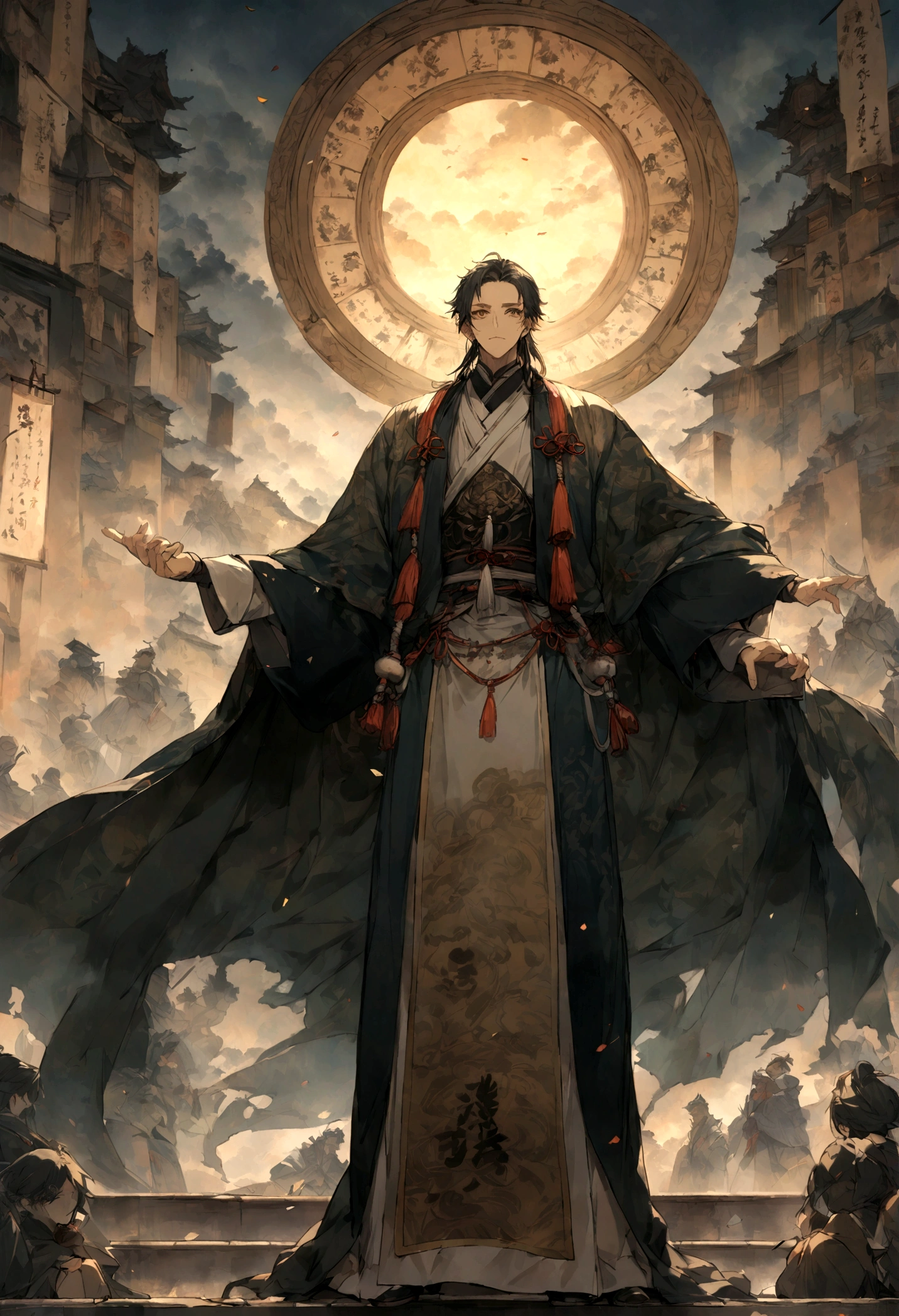 Elder He stood on a high place, With a deep and meaningful gaze. Behind him is a magnificent hall, Decorated with large calligraphy and painting. Xiao Sheng'er and Nalan Wan'er stood in front of Mr. He。, Their expressions are solemn, As if they were about to embark on an important mission. ,32k, best quality, masterpiece, Super Detail, Rich in details,similar《Jida Story》Animation Style