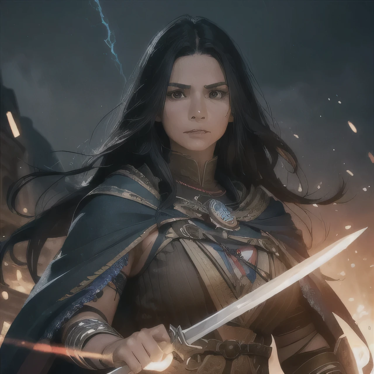 beautiful indigenous female warrior woman, 40 years old, long black hair, lightning magic,  Hogwarts inspired, night lighting, hyperrealistic, 8k, HDR, glossy indígena skin, highly detailed face, intricate details, dramatic lighting, cinematic composition, fantasy, epic, masterpiece, sword in your hands