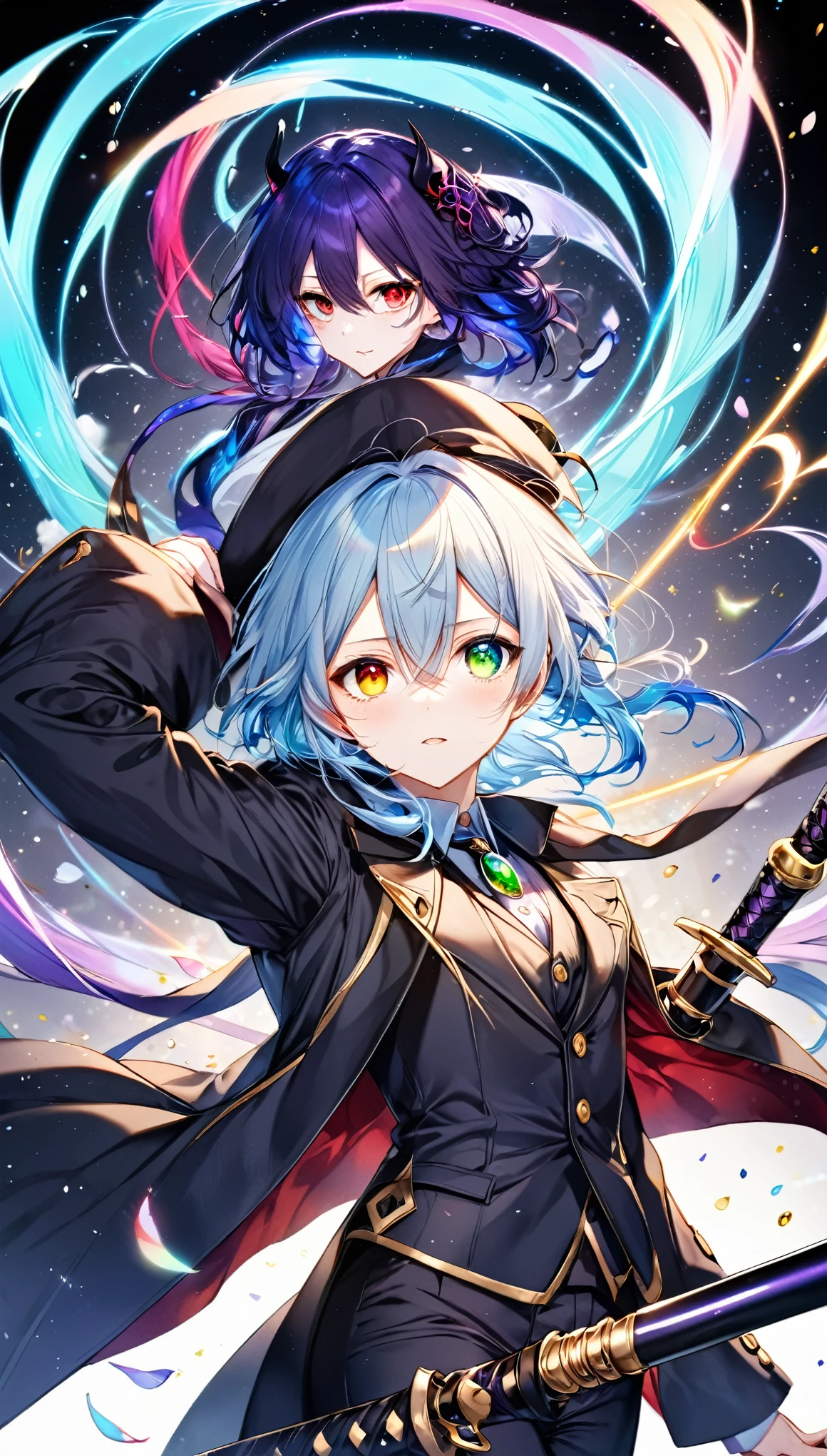 best quality, super fine, 16k, incredibly absurdres, extremely detailed, delicate and dynamic, Tensura, Rimuru Tempest, androgynous beauty and cute, big round gold eyes, (heterochromia, emerald gold eye, red eye), light blue messy hair, wearing bold black long coat and pants, rapier, thin flat body line, beautiful pose, demon Lord's aura swirls in black and purple effects, iridescent petals fluttering down, iridescent light effects, beautiful artistic piece of art