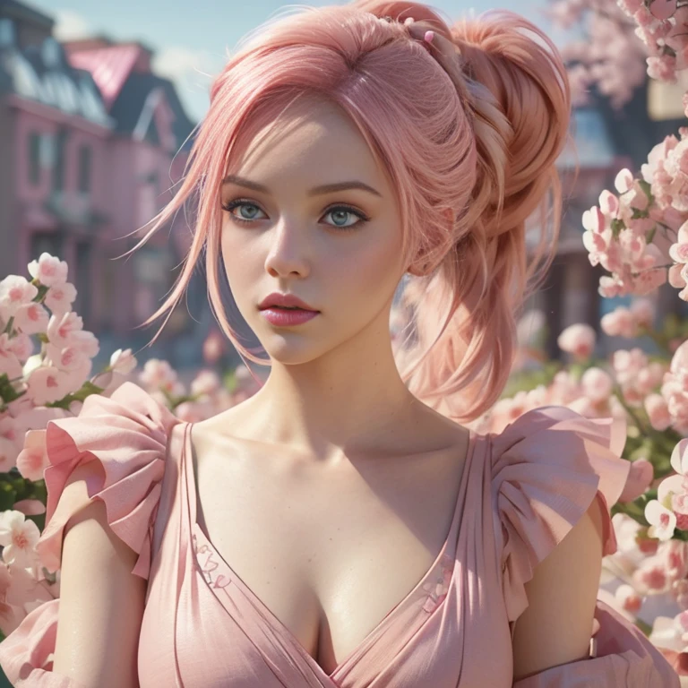 young woman, bubblegum pink hair tied in a bun, wide forehead, porcelain skin, pink eyebrows, emerald green eyes, upturned nose, thick pink lips, heart-shaped face, dark red clothes, Sakura Haruno, realism, well detailed, 3d
