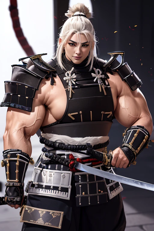 ((((Massive, tall, beautiful, buff, muscular light brown skinned female samurai with white hair, black lipstick, ginormous bulky muscles, holding a sword and wearing an all white samurai armor with pants)))), {close view}, black eyeliner, massive muscles, massive biceps, hyper muscle triceps, (long straight hair), blue eyes, samurai boots, In a battlefield, sleeveless, steel samurai armor, nighttime, confident smile, hyper muscles arms, hyper muscle legs, ginormous arms