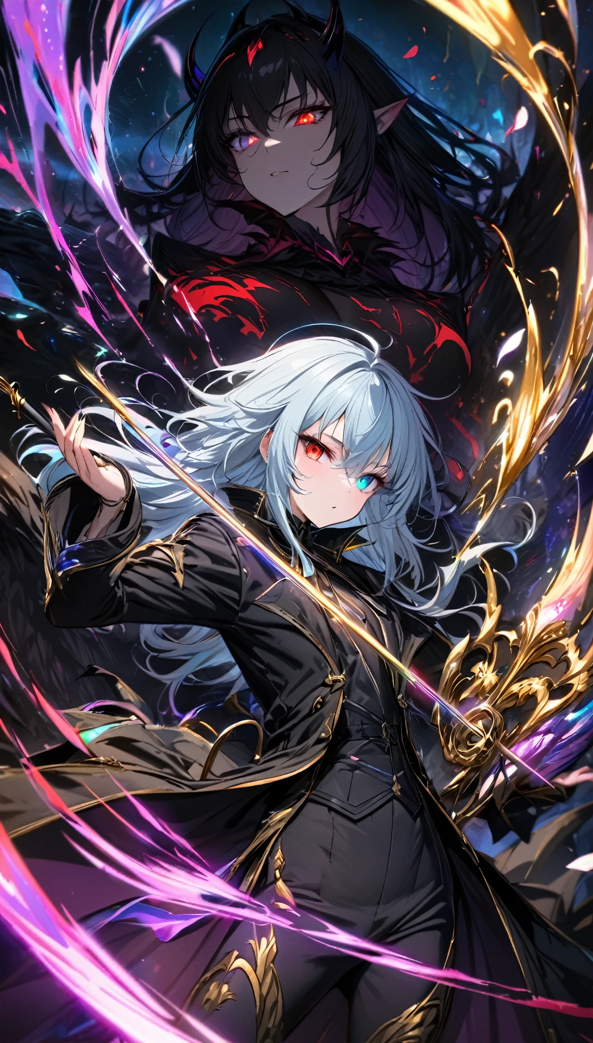 best quality, super fine, 16k, incredibly absurdres, extremely detailed, delicate and dynamic, Tensura, Rimuru Tempest, androgynous beauty and cute, big round gold eyes, (heterochromia, emerald gold eye, red eye), light blue messy hair, wearing bold black long coat and pants, rapier, thin flat body line, beautiful pose, demon Lord's aura swirls in black and purple effects, iridescent petals fluttering down, iridescent light effects, beautiful artistic piece of art