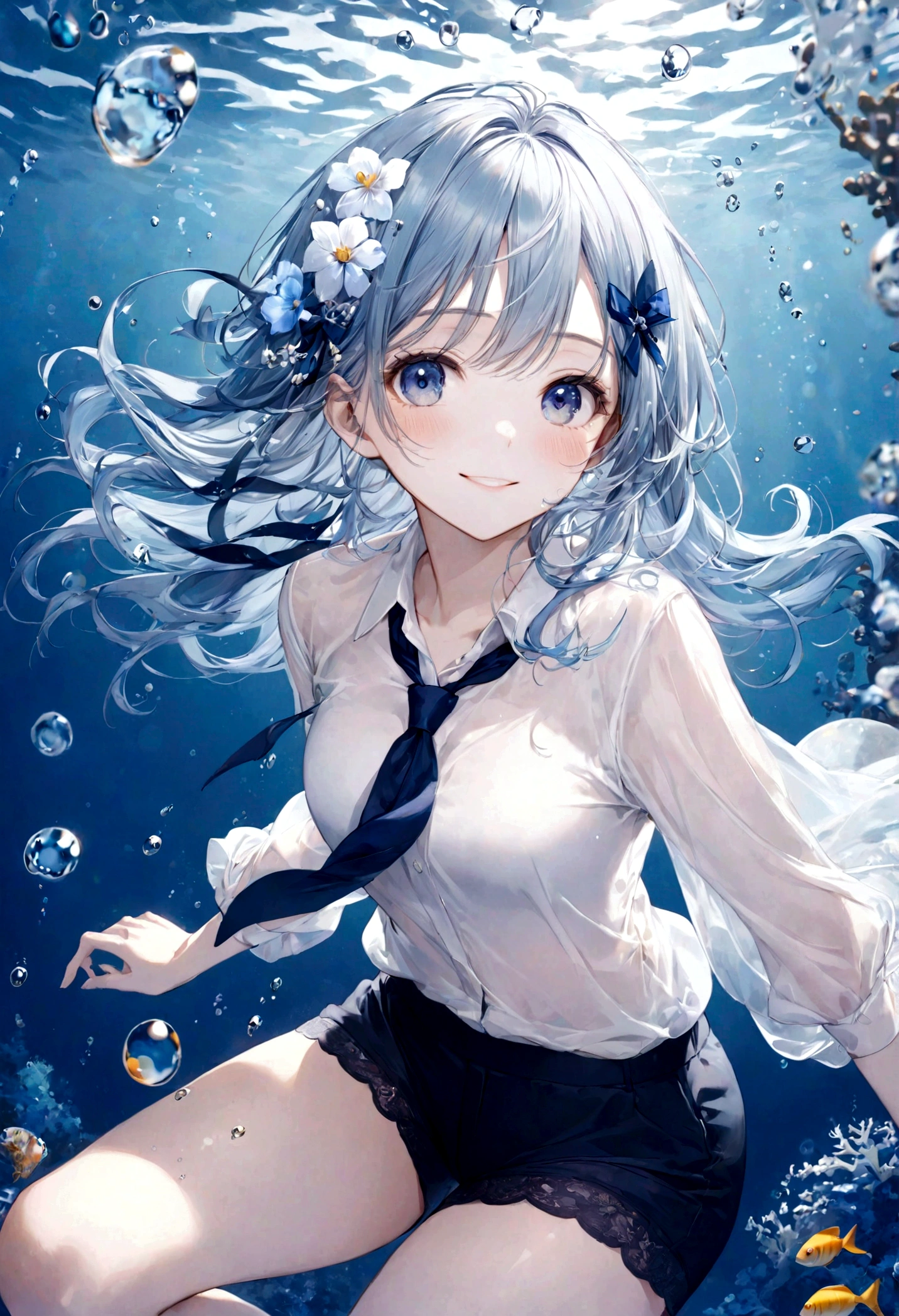 (top-quality)), ((masterpiece)), ((ultra-detailliert)), (extremely delicate and beautiful), bright sky blue hair, watery hair, bright sapphire eyes, fair skin, beautiful woman, sheer white shirt, sheer silky navy blue shorts, navy blue ribbon tie, pearl decorations, underwater world, cold background, air bubbles, water bubbles, underwater, sweet smile, relaxed expression, delicate wavy long hair, blue and white flowers on hair