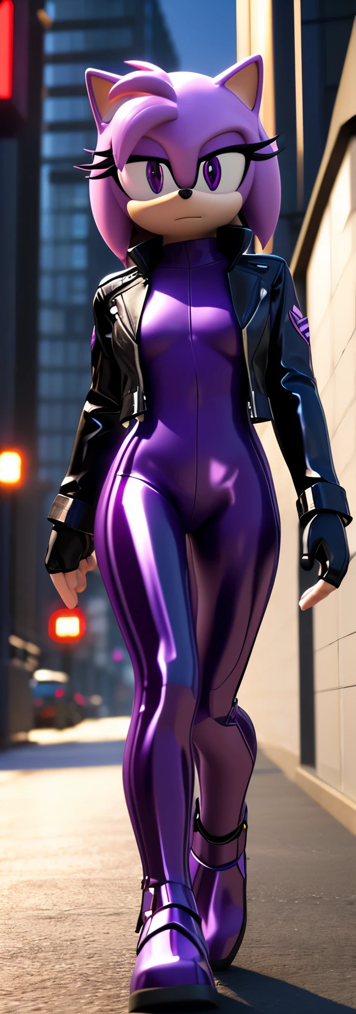 Solo, 1girl, full body image, rendered in SFM, ((sonic oc:1)), from sonic, high detail iconic character, in the new action-movie sonic, ghost in the shell city, official render, 3d render official art, toon shader, ((female)), (((purple hedgehog:1))), Amy rose style quills, metallic purple eyeliner, ((purple eyes:1.5)), ((calm neutral expression)), ray trace 4 k, ray trace 4k, (((metallic purple latex bodysuit))), (((leather jacket))), ((fingerless gloves:0.9))