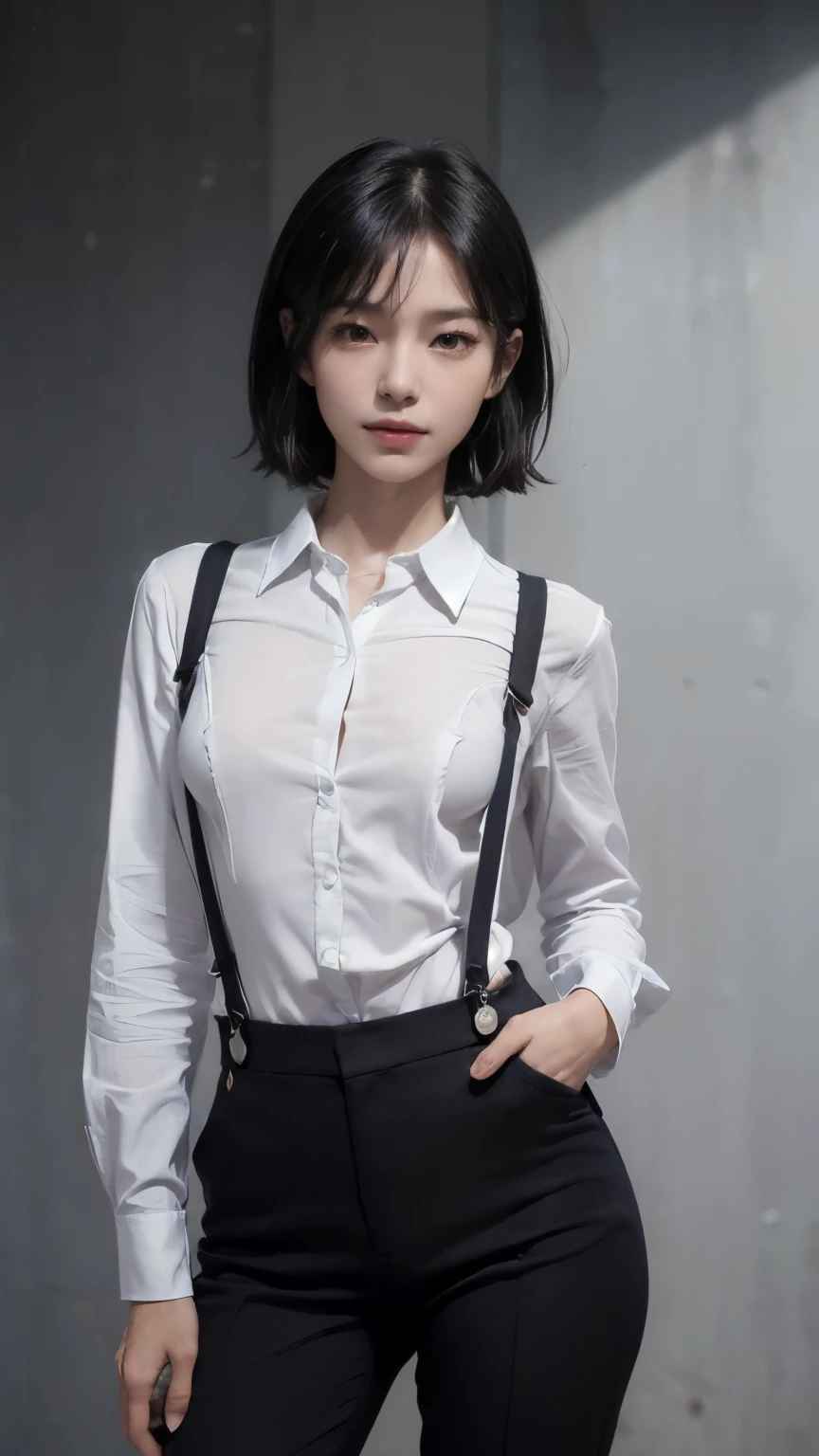 ((Face the front of your body at the camera:2.0)), ((Collared shirt:2.0, suspenders:2.0, pants:1.8)), (Clothing:2.0, スキニーpants:2.0, suspenders under Collared shirt:2.0, A bow tie:1.2, sneakers:1.5), ((In town:1.5)), ((A grin:1.2, Small breasts:1.5, slender:1.5, Small Ass:1.5)), ((Japanese, 1 Girl, 18-year-old, 7 heads, Ideal body proportions, Black Hair, With bangs, Small breasts, Erect nipples, slender, Small Ass, Beautiful feet, Skinny Legs)), Surrealism, Cinematic Lighting, Depth of written boundary, First Person View, Boobs F/1.8, 135mm, Ticker, Mastepiece, Curate, ((Anatomically correct:1.3)), Textured skin, Super Detail, High detail, High quality, Awards, Best Quality, High resolution, 8K