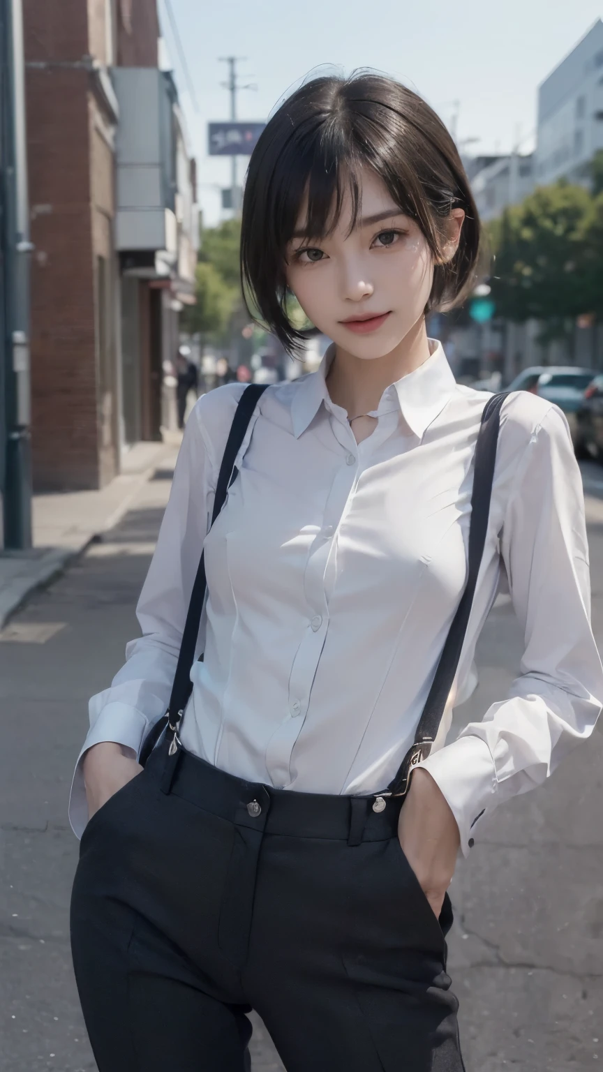 ((Face the front of your body at the camera:2.0)), ((Collared shirt:2.0, suspenders:2.0, pants:1.8)), (Clothing:2.0, スキニーpants:2.0, suspenders under Collared shirt:2.0, A bow tie:1.2, sneakers:1.5), ((In town:1.5)), ((A grin:1.2, Small breasts:1.5, slender:1.5, Small Ass:1.5)), ((Japanese, 1 Girl, 18-year-old, 7 heads, Ideal body proportions, Black Hair, With bangs, Small breasts, Erect nipples, slender, Small Ass, Beautiful feet, Skinny Legs)), Surrealism, Cinematic Lighting, Depth of written boundary, First Person View, Boobs F/1.8, 135mm, Ticker, Mastepiece, Curate, ((Anatomically correct:1.3)), Textured skin, Super Detail, High detail, High quality, Awards, Best Quality, High resolution, 8K