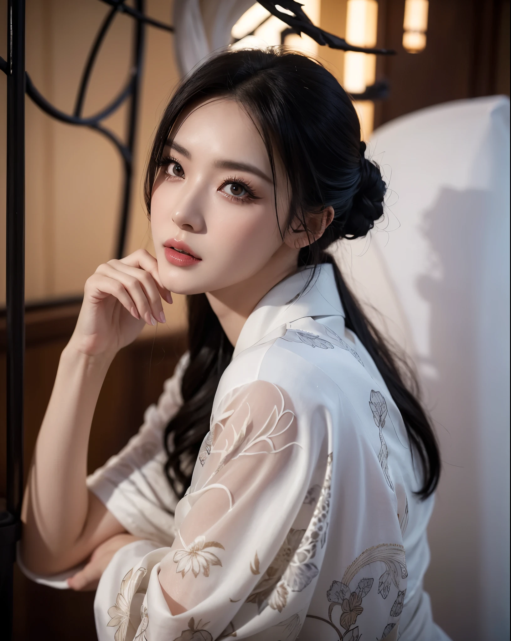 a milf wearing a white kimono, black lingerie, beautiful detailed eyes,beautiful detailed lips,extremely detailed eyes and face,longeyelashes,mature woman,sensual pose,full body shooting,seductive,high quality,photorealistic,dramatic lighting,cinematic,vivid colors,chiaroscuro,moody atmosphere,dark and light contrast,dramatic shadows