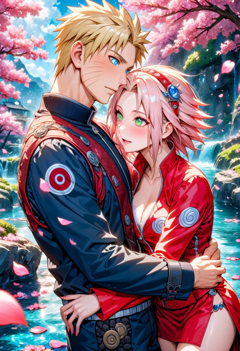 Ultra detailed, Highres, absurdres, HDR, master piece, Uzumaki Naruto, blond hair, expressive blue eyes, Haruno Sakura, pink short hair, expressive green eyes, Naruto Shippuden, a handsome man together with a beautiful woman, couple, love, extremely detailed eyes and face, water, pink flowers, blossoms, petals, sexy, fantasy, orange and red clothes, magic