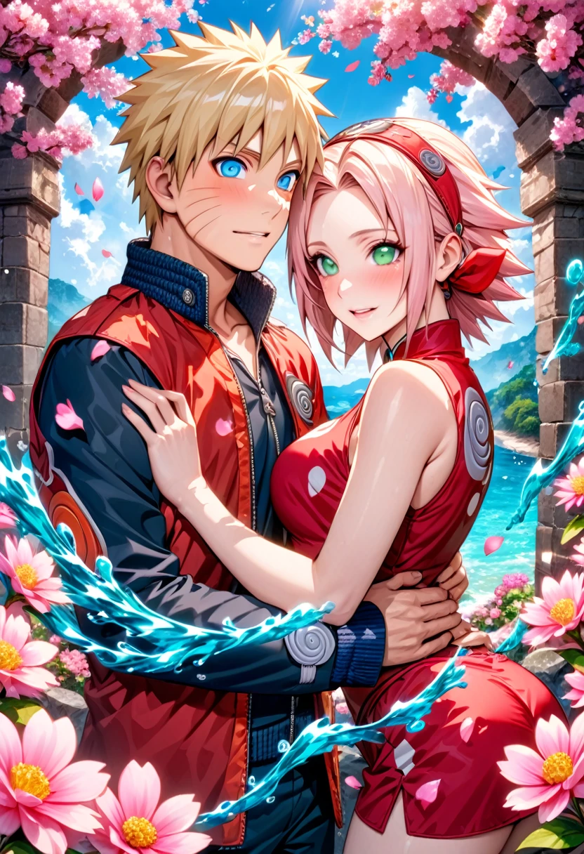 Ultra detailed, Highres, absurdres, HDR, master piece, Uzumaki Naruto, blond hair, expressive blue eyes, Haruno Sakura, pink short hair, expressive green eyes, Naruto Shippuden, a handsome man together with a beautiful woman, couple, love, extremely detailed eyes and face, water, pink flowers, blossoms, petals, sexy, fantasy, orange and red clothes, magic