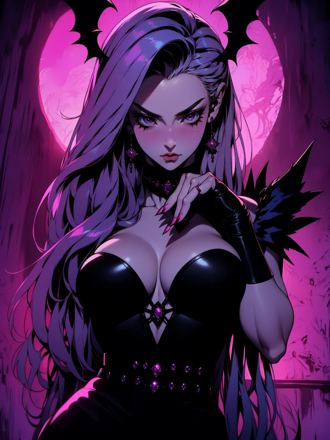 {-erro_de_anatomia:1.0} (best quality,4k,8k,highres,masterpiece:1.2) (masterpiece, top quality, best quality, official art, beautiful and aesthetic: 1.2), (1 woman: 1.3) Succubus girl, long black , magenta eyes, (crystal eyes) succubus wings, magenta pant, magenta gloves, attractive, moonlight, dinamic poses, perfect hands (perfect fingers), angry face, dinamicc poses