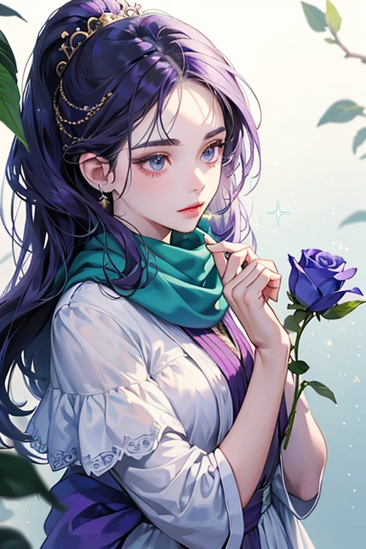 she has white skin, almond-shaped dark eyes, and blue cheeks. sHe has three green leaves on his head, resembling hair. sHe wears a purple scarf and is usually seen holding a red rose. SPARKLE; GLITTER
