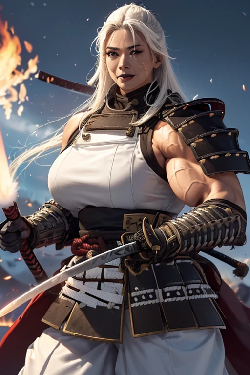 ((((Massive, tall, beautiful, buff, muscular light brown skinned female samurai with white hair, black lipstick, ginormous bulky muscles, holding a fire sword and wearing an all white samurai armor with pants)))), {close view}, black eyeliner, massive muscles, large breast, massive biceps, hyper muscle triceps, (long straight hair), blue eyes, samurai boots, In a battlefield, sleeveless, steel samurai armor, nighttime, confident smile, hyper muscles arms, hyper muscle legs, ginormous arms