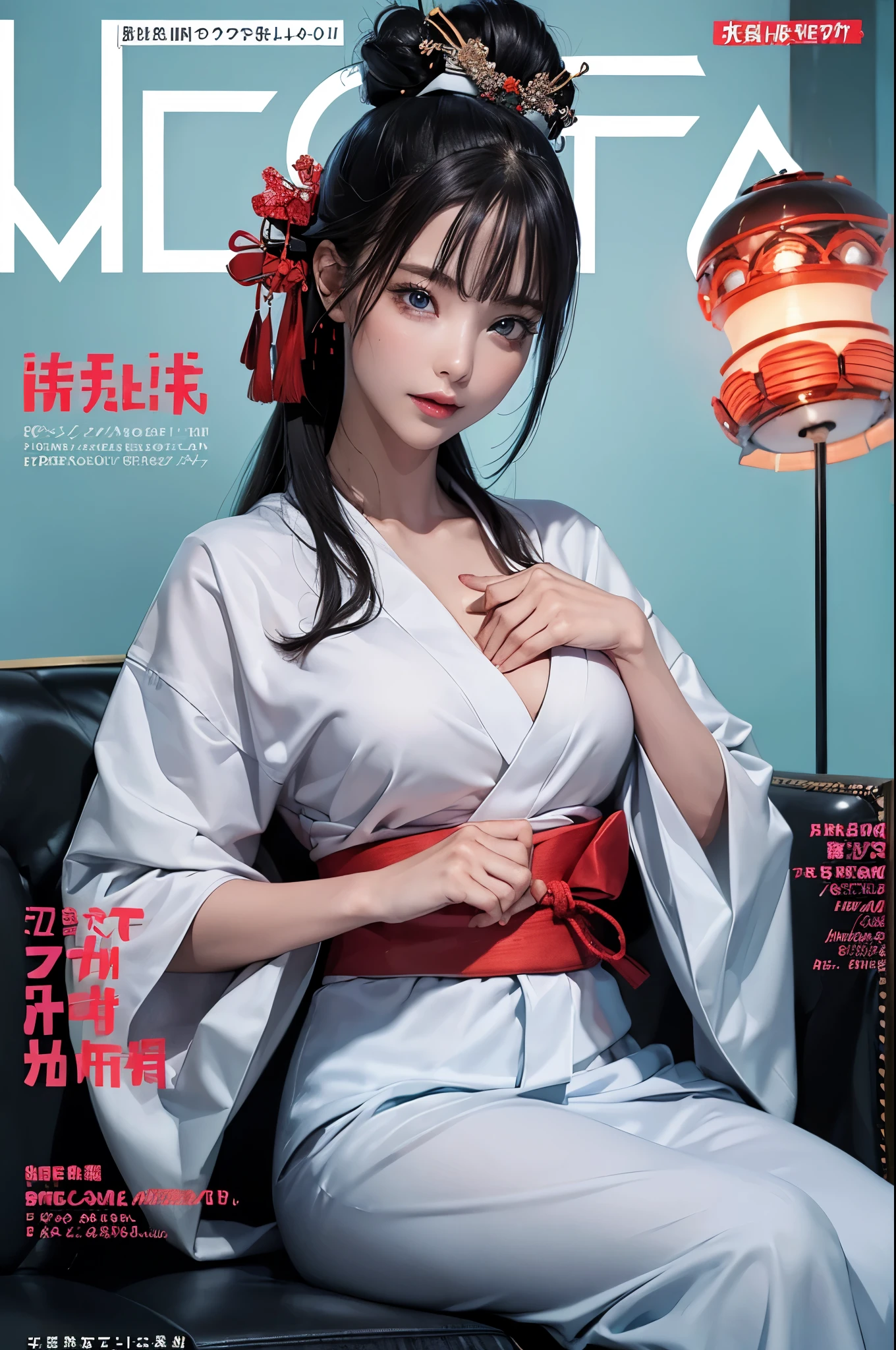 (magazine cover:1.3), (The original: 1.2), masterpiece, best quality, Beautiful clean face, (whole body:1.1), 3D Face, Glowing eyes, shiny hair, skin shiny, Solitary, looking at the audience, Upper Body, kimono,((Crazy breast swelling))