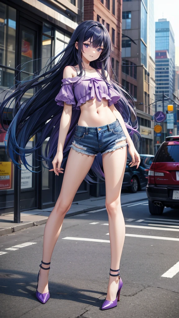 blue long hair boy,flat chest,Extremely slim figure,Purple short-sleeved shirt,Bare waist,Denim shorts,Thin legs,high heels,City