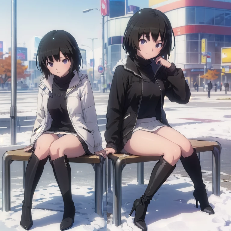 (((Only one girl))),(((((((full body shot))))))) ,(masterpiece:1.2), highest quality,,(((((((High resolution))))))), unity 8k wallpaper, (shape:0.8), Highly detailed face, Perfect lighting, (((Extremely detailed CG))),(((Shibuya Scramble Crossing))),(Big Breasts),((White trench coat)),((((Black sweater)))),((((White tight skirt)))),(((((Black long boots))))),((((Black pointed toe)))),((((Black stiletto heels)))))、((((Thin legs)))),(White panties),(I run my hand over the skirt),((((Open your jacket)))),((((Very thin hair)))),((((Snow Scene)))),((Autumn leaves landscape)),((Sit on the street)),(((((blue sky))))),(((Dazzling sunlight))),((((Hair details))))),((Embarrassed face)),((smile))