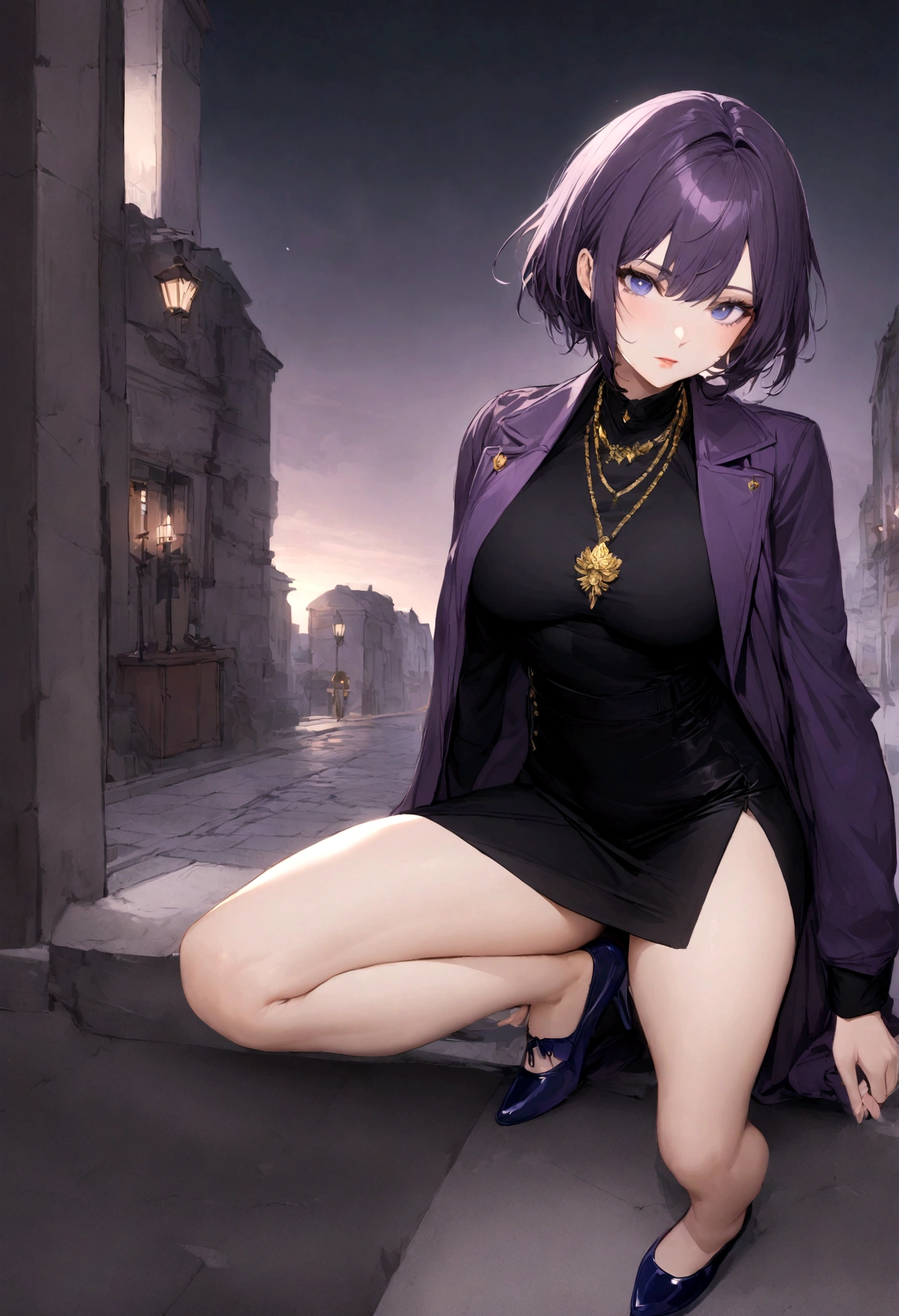 1girl, large breasts, short hair, dark purple hair, dark blue eyes, dark purple jacket, black shirt, black skirt, blue shoe, gold necklace,