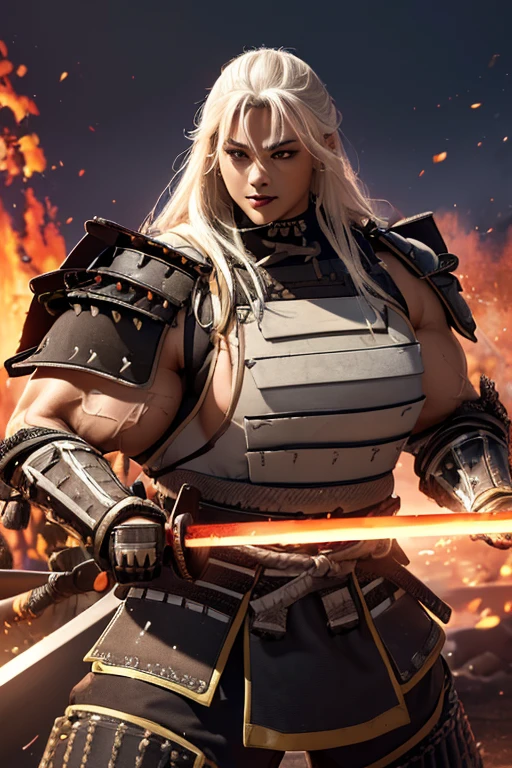 ((((Massive, tall, beautiful, buff, muscular light brown skinned female samurai with white hair, black lipstick, ginormous bulky muscles, holding a fire sword and wearing an all white samurai armor with pants)))), {close view}, black eyeliner, massive muscles, large breast, massive biceps, hyper muscle triceps, (long straight hair), blue eyes, samurai boots, In a battlefield, sleeveless, steel samurai armor, nighttime, confident smile, hyper muscles arms, hyper muscle legs, ginormous arms