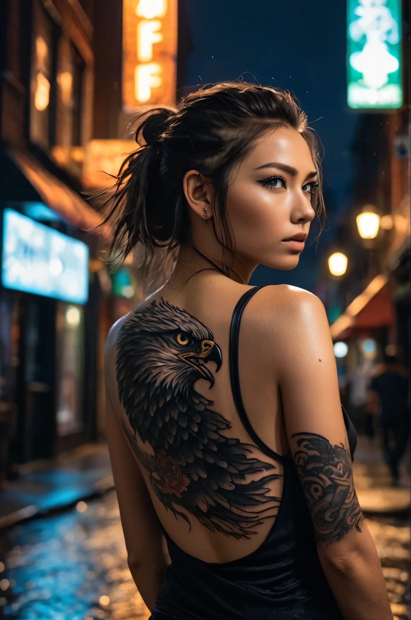 (dynamic pose:0.9),the girl with the eagle and serpent tattoo,rainy city street at night,black eyeliner,black sleeveless muscle shirt,from behind,(big eagle and serpent tattoo on the back),swedish town,detailed skin,detailed eyes,photorealistic,dramatic lighting,RAW photo,4k,sharp focus,high resolution,8k uhd,high quality,film grain,Fujifilm XT3, elegant girl, beautiful young woman, high quality, 8k, realistic, photorealistic, professional, vivid colors, natural lighting, cinematic, fantasy, magical, whimsical