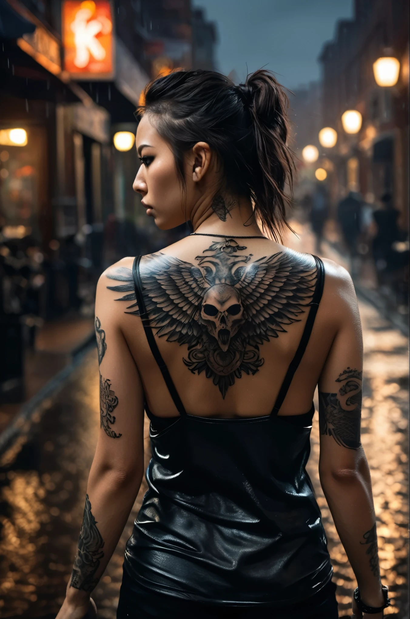 (dynamic pose:0.9),the girl with the eagle and serpent tattoo,rainy city street at night,black eyeliner,black sleeveless muscle shirt,from behind,(big eagle and serpent tattoo on the back),swedish town,detailed skin,detailed eyes,photorealistic,dramatic lighting,RAW photo,4k,sharp focus,high resolution,8k uhd,high quality,film grain,Fujifilm XT3,